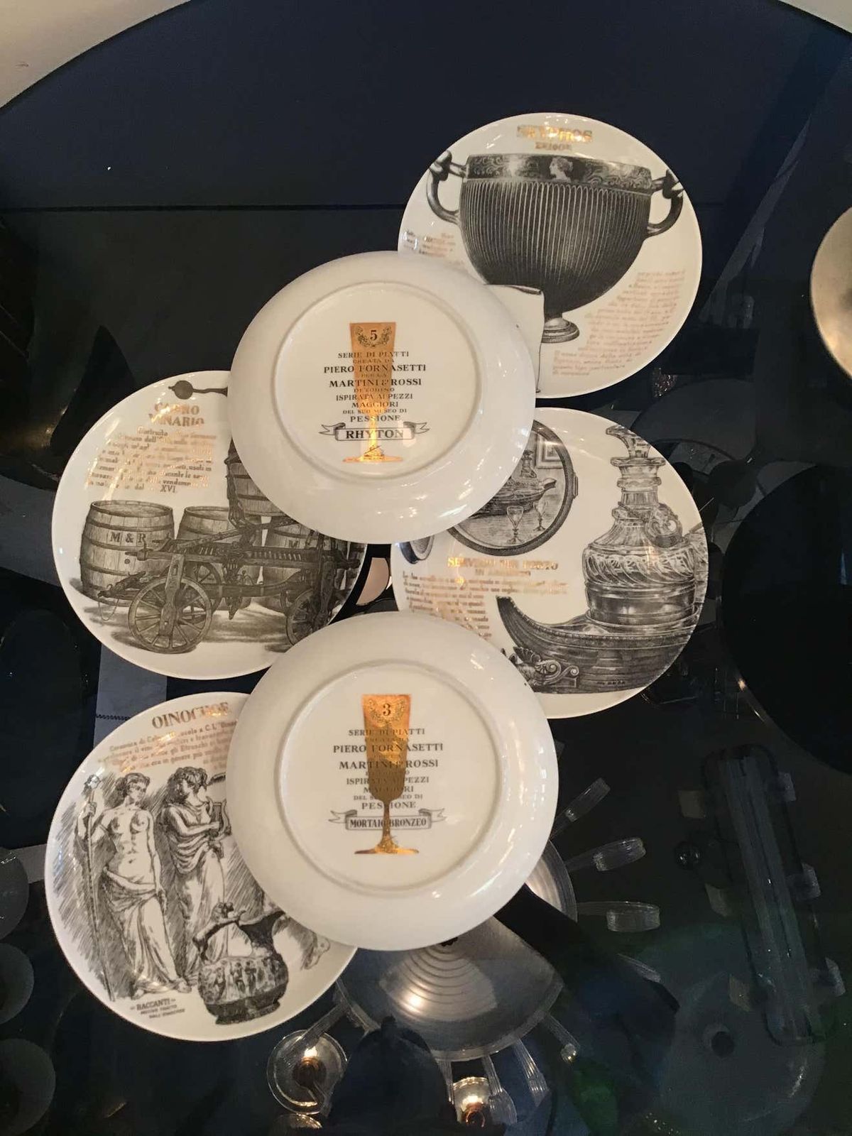 photo furniture Fornasetti Set Of 6 Plates For Martini And Rossi Porcelain, 1970, Italy