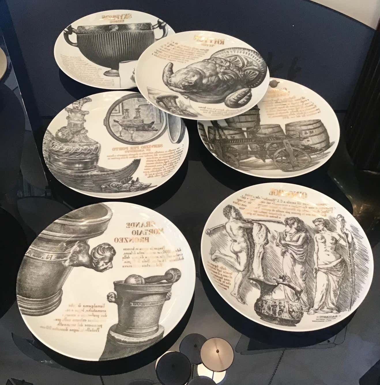 photo buy Fornasetti Set Of 6 Plates For Martini And Rossi Porcelain, 1970, Italy