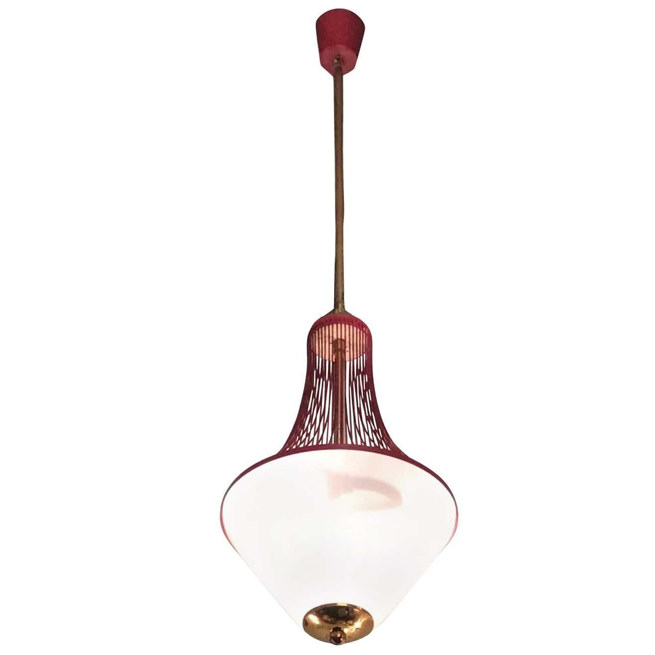 Stilnovo Chandelier Brass Opaline Glass Metal 1950 Italy