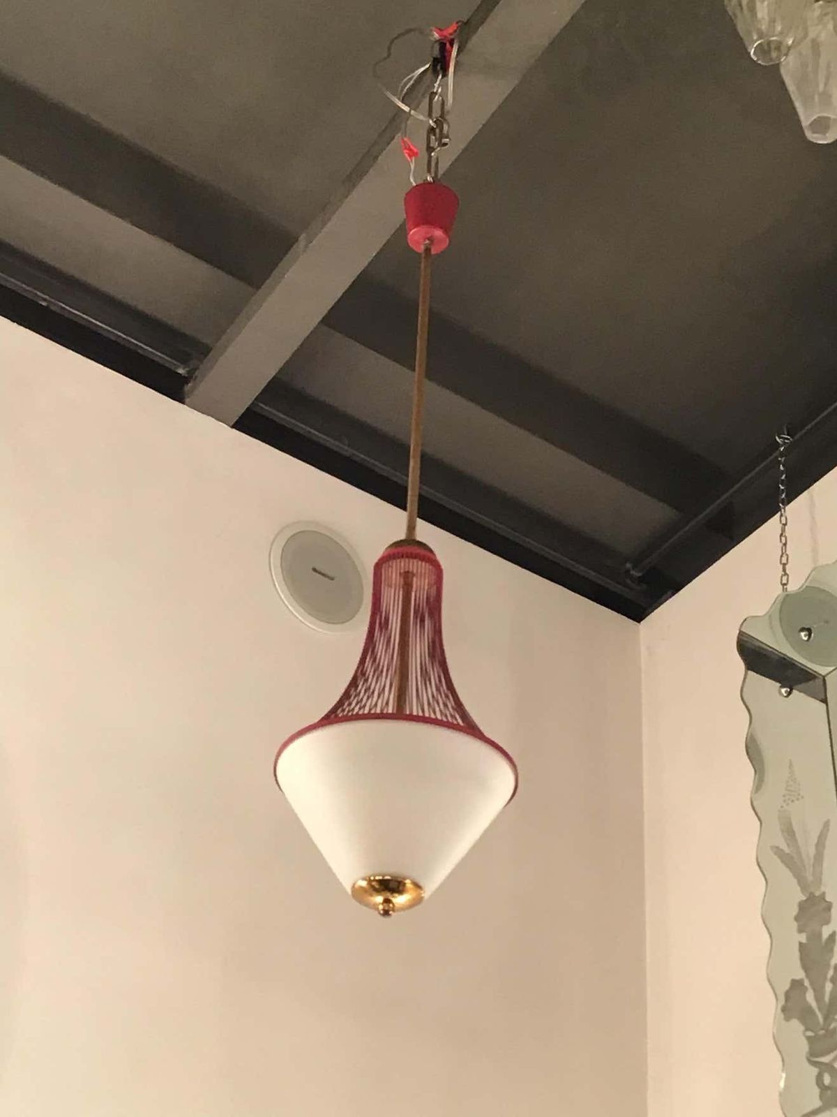 Stilnovo Chandelier Brass Opaline Glass Metal 1950 Italy photo Lighting