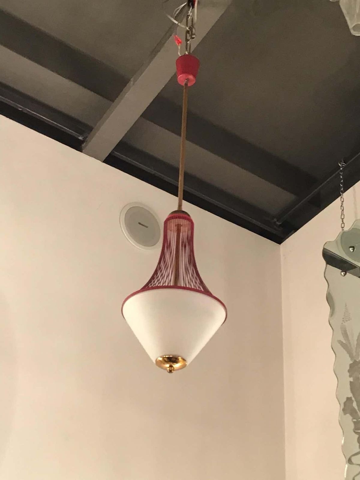 Stilnovo Chandelier Brass Opaline Glass Metal 1950 Italy photo vinterior