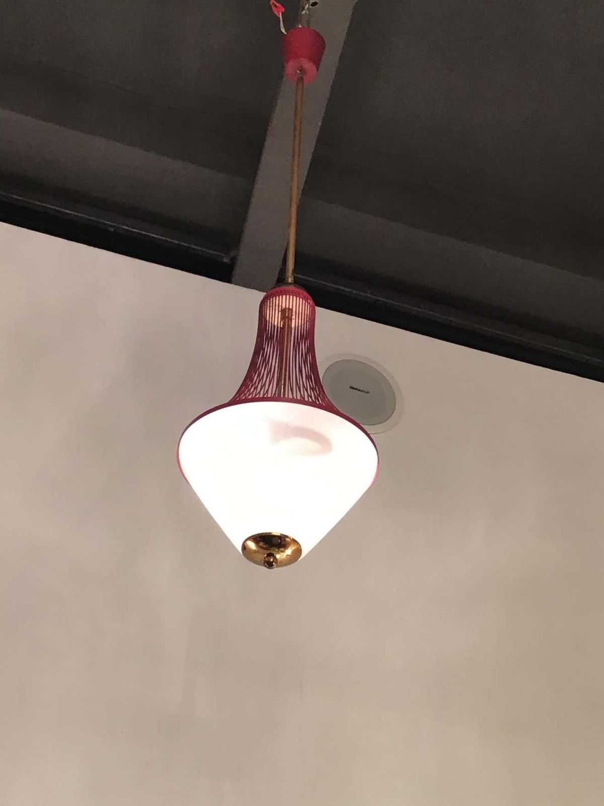 photo vintage Stilnovo Chandelier Brass Opaline Glass Metal 1950 Italy