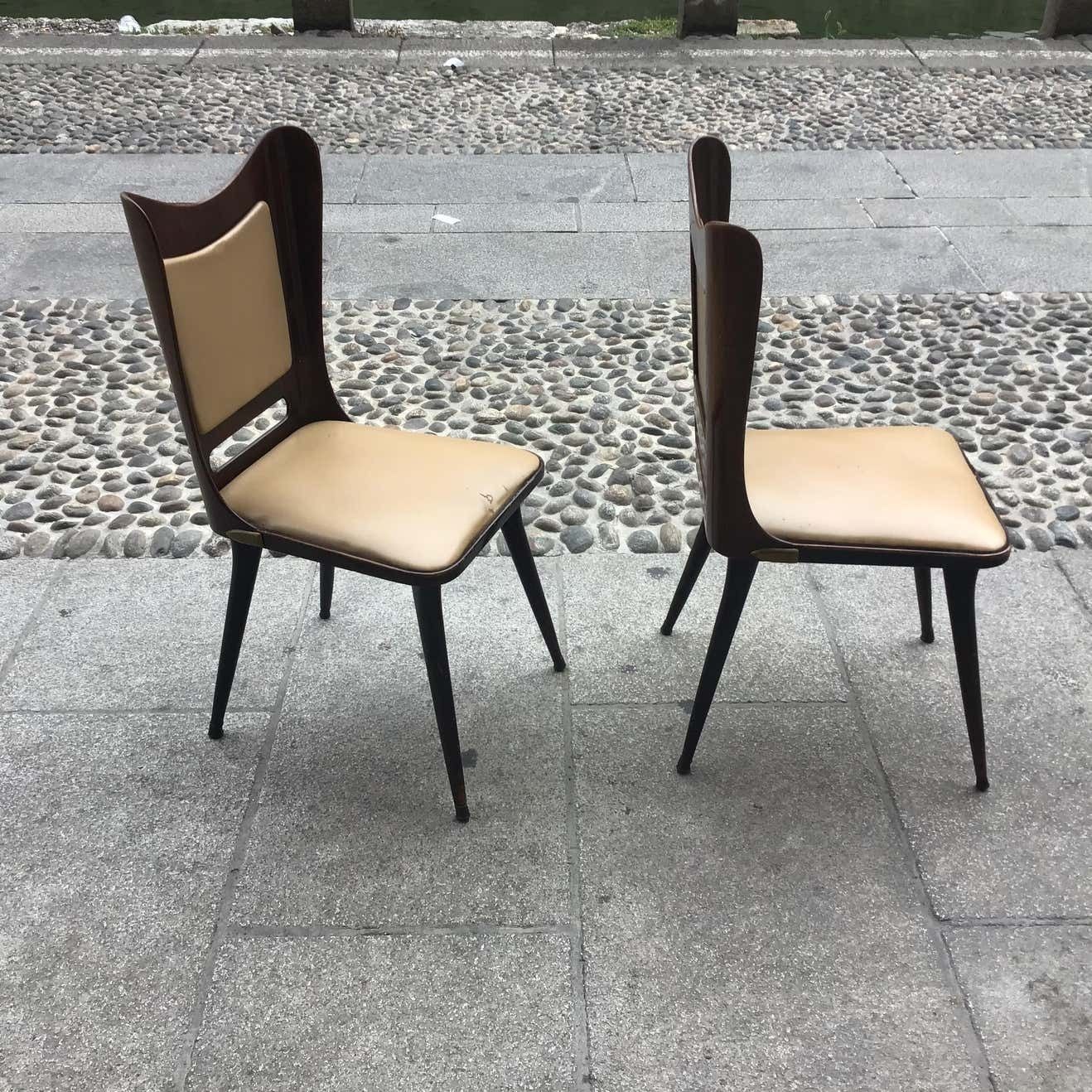 photo vintage Carlo Ratti Chairs Wood Brass Skin 1955, Italy