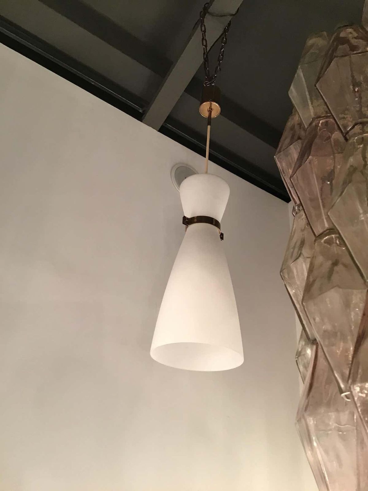 Stilnovo Chandelier Brass Opaline Glass, 1950 photo for sale