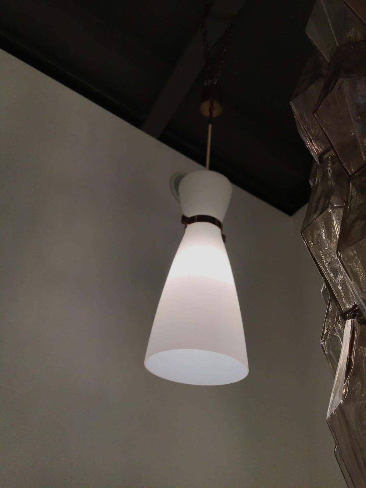 photo for sale Stilnovo Chandelier Brass Opaline Glass, 1950