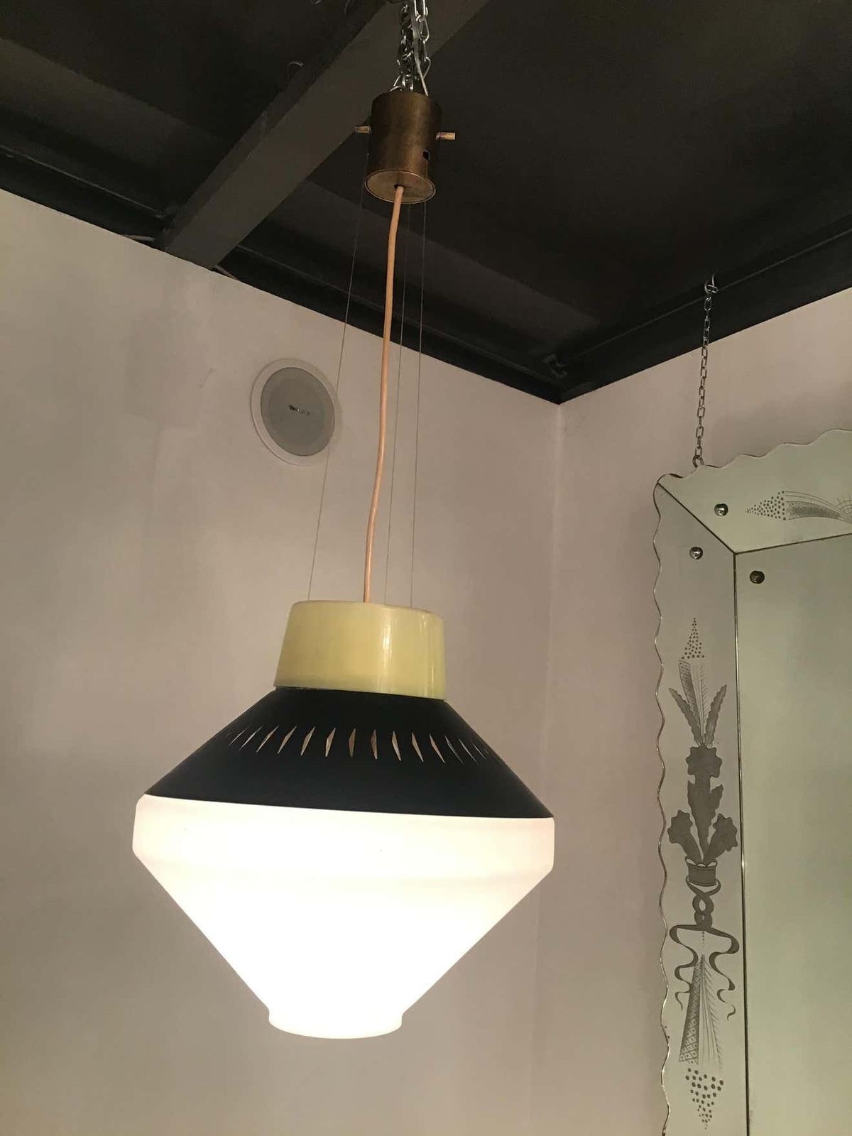 photo buy Stilnovo Chandelier Opaline Glass Brass Metal 1955 Italy