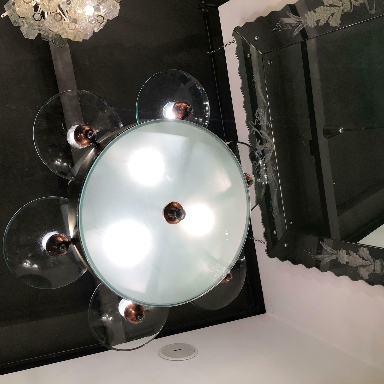 Pietro Chiesa Fontana Arte Chandelier Glass Copper Crome 1950 Italy photo for sale