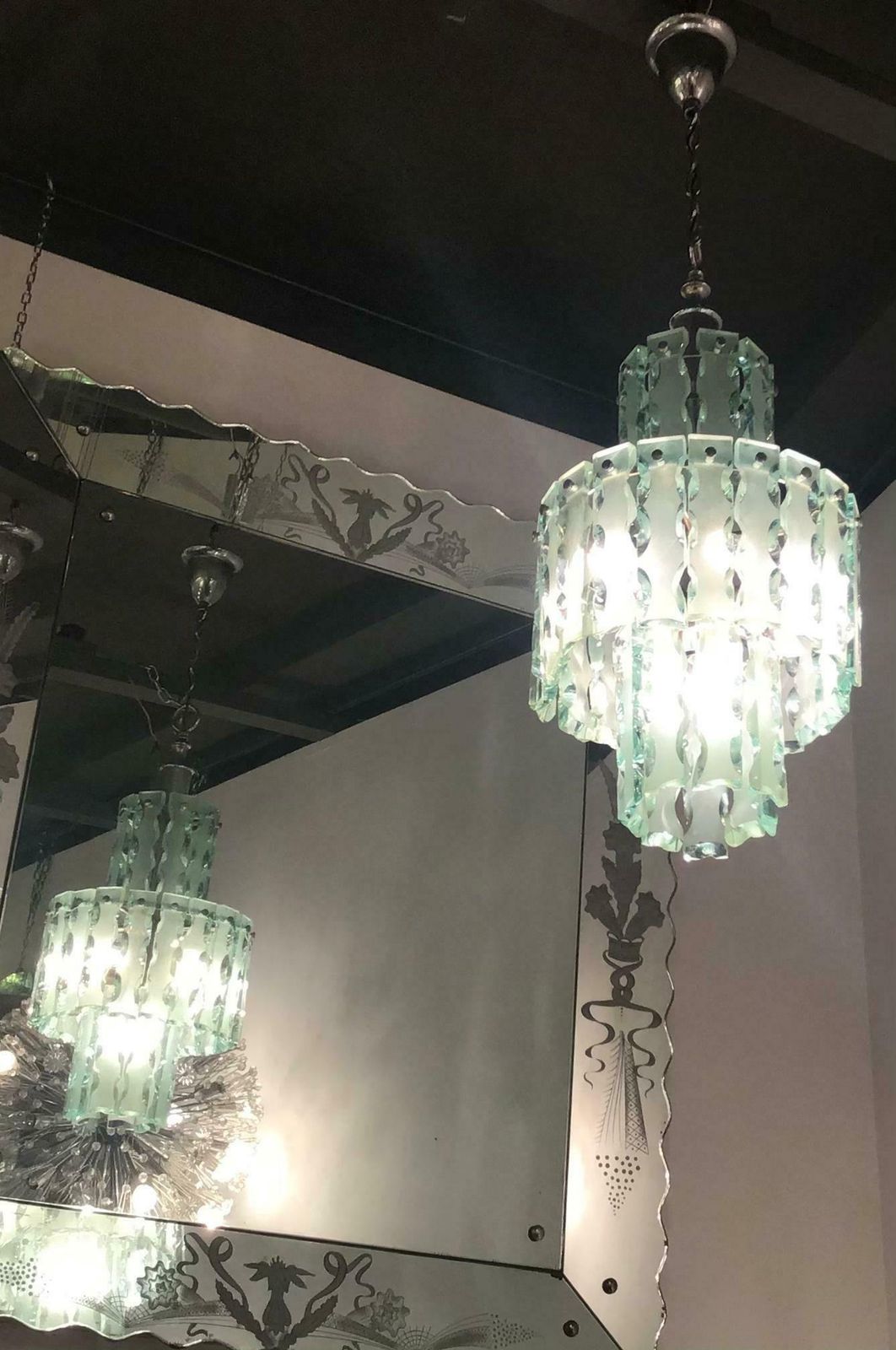 Cristal Arte Chandelier Hammered Glass Nickel Plated Brass, 1955, Italy photo buy