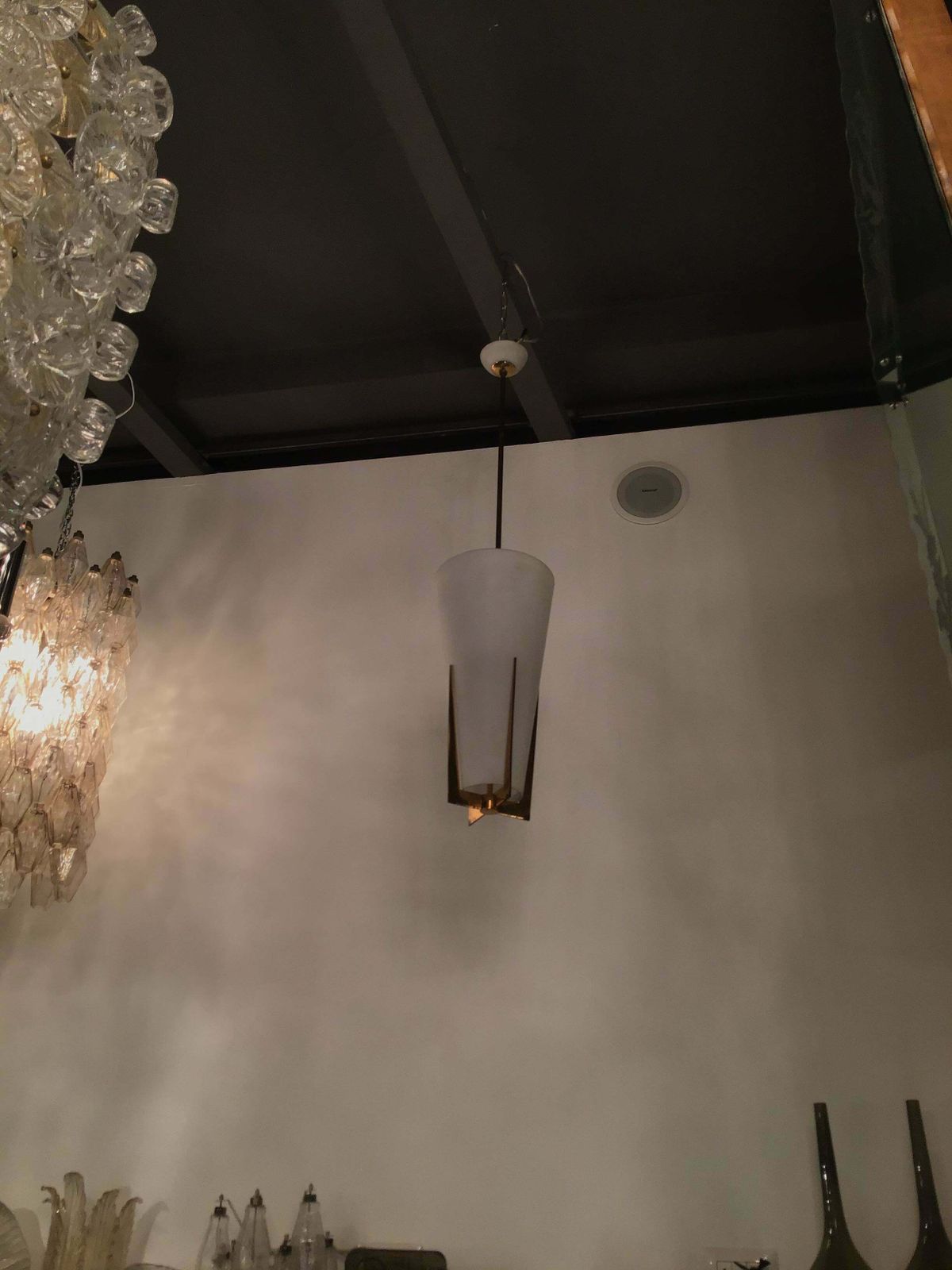 Stilnovo Chandelier Brass Opaline Glass, 1950, Italy photo for sale