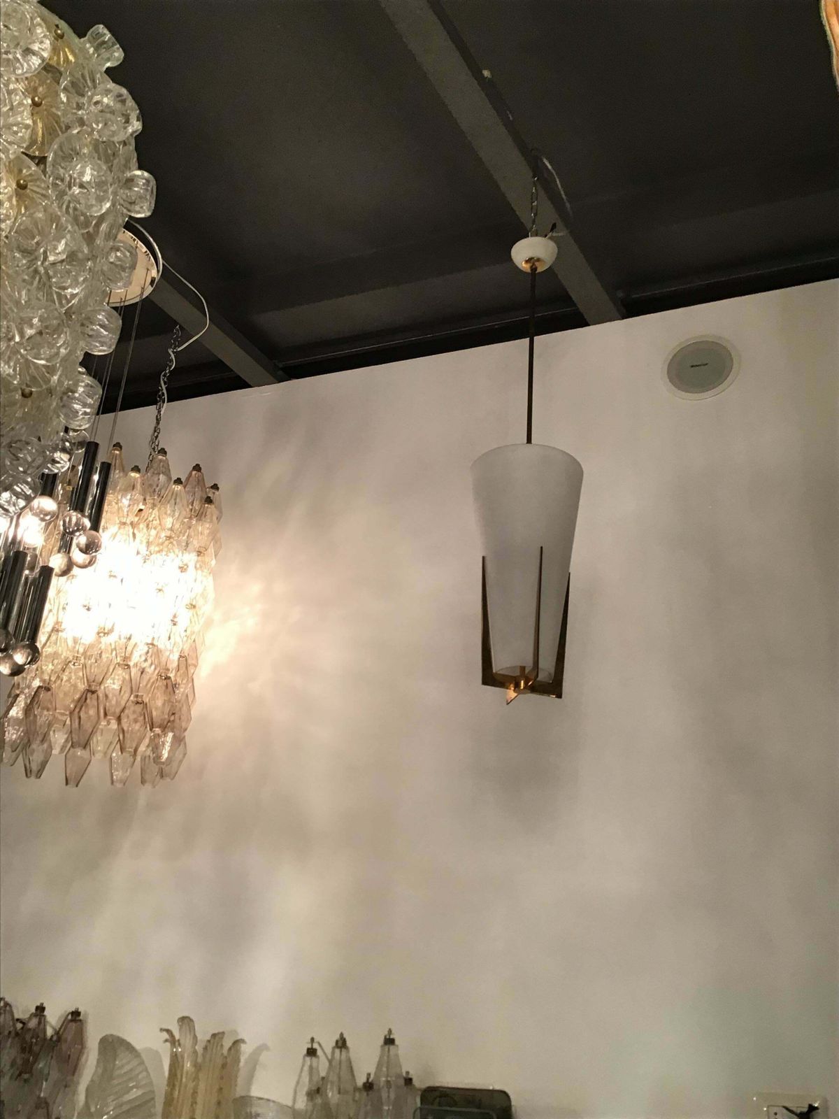 Stilnovo Chandelier Brass Opaline Glass, 1950, Italy photo buy