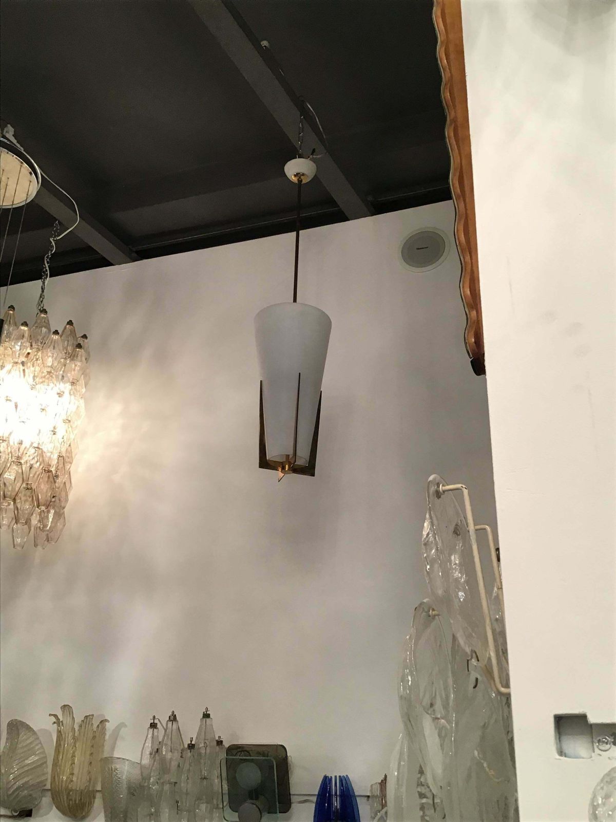 Stilnovo Chandelier Brass Opaline Glass, 1950, Italy photo vintage