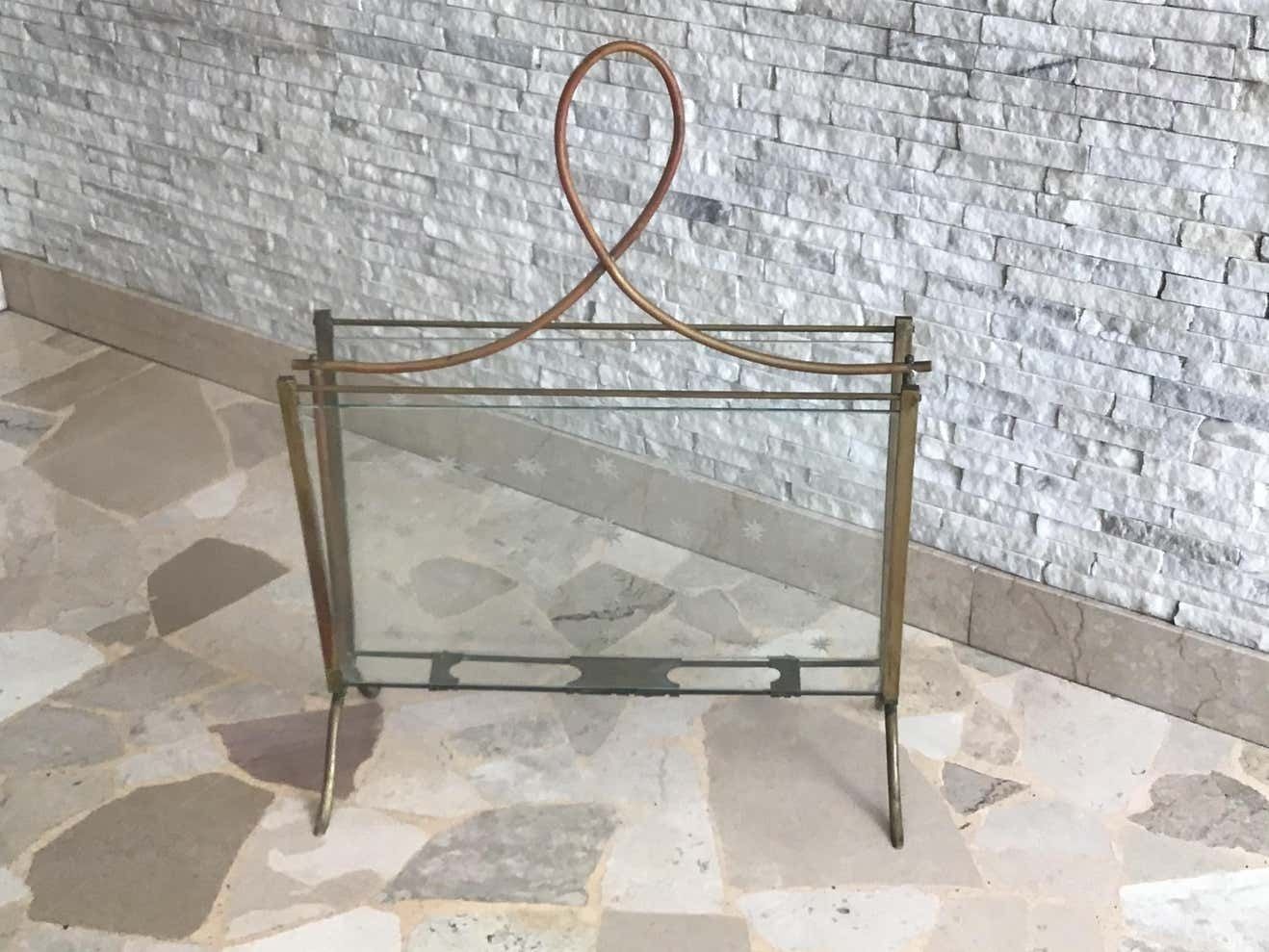 Cristal Art Magazine Holder Brass Glass, 1950, Italy photo buy