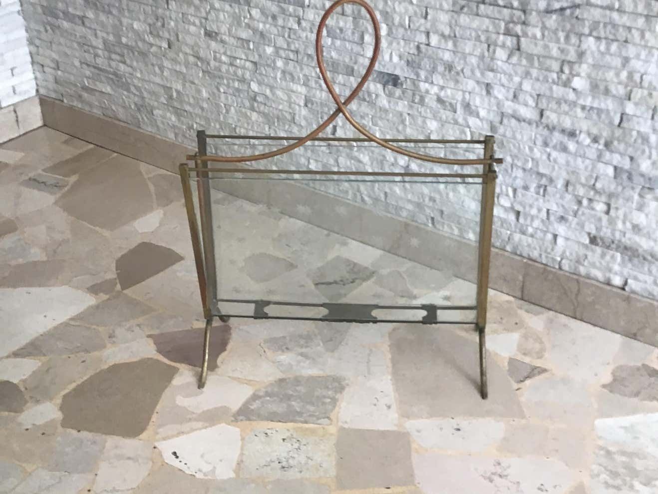 Cristal Art Magazine Holder Brass Glass, 1950, Italy photo vintage
