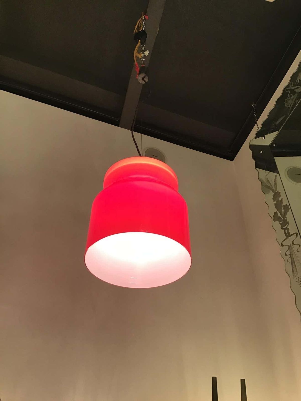 Stilnovo Chandelier Red Opaline Glass Metal Crome, 1965, Italy photo for sale