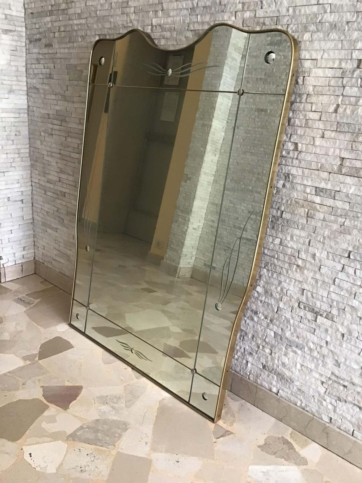 Cristal Art Mirror Brass Wood Glass 1950 Italy photo for sale
