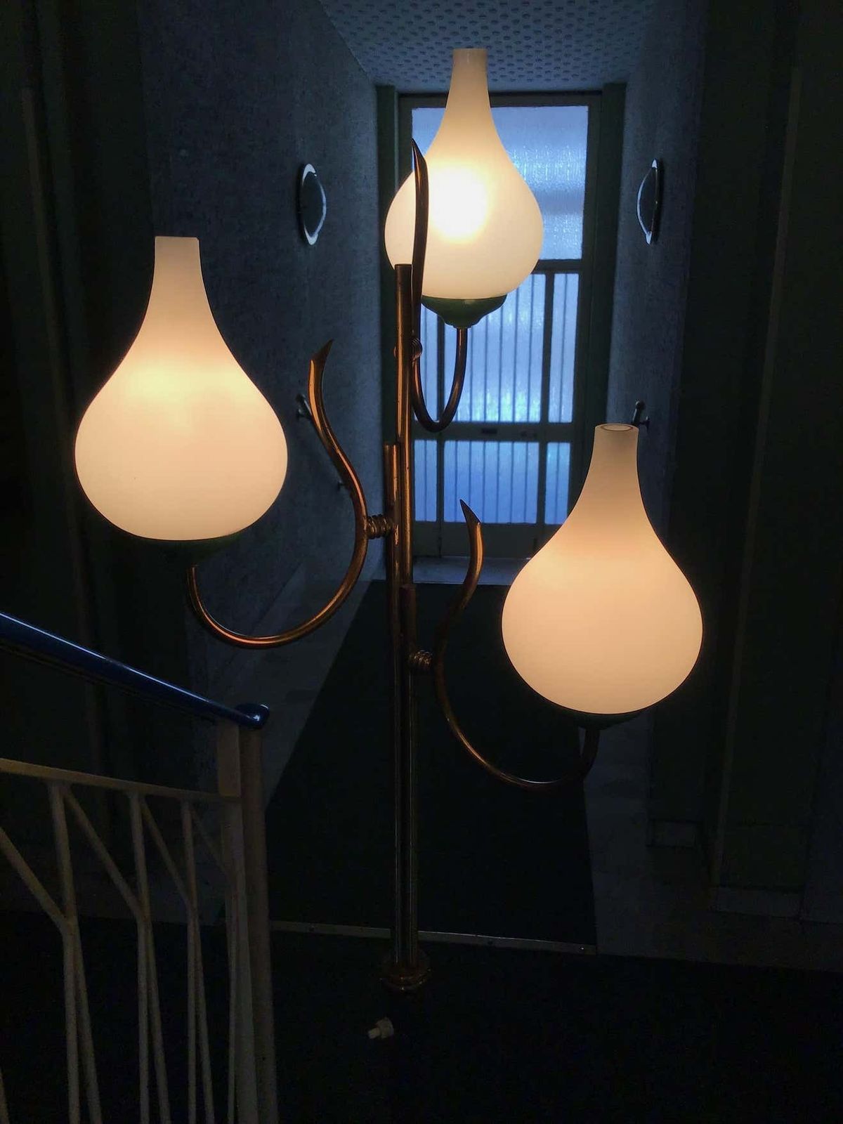 Stilnovo Floor Lamp Tree Light Brass Metal Opaline Glass 1950 Italy photo for sale