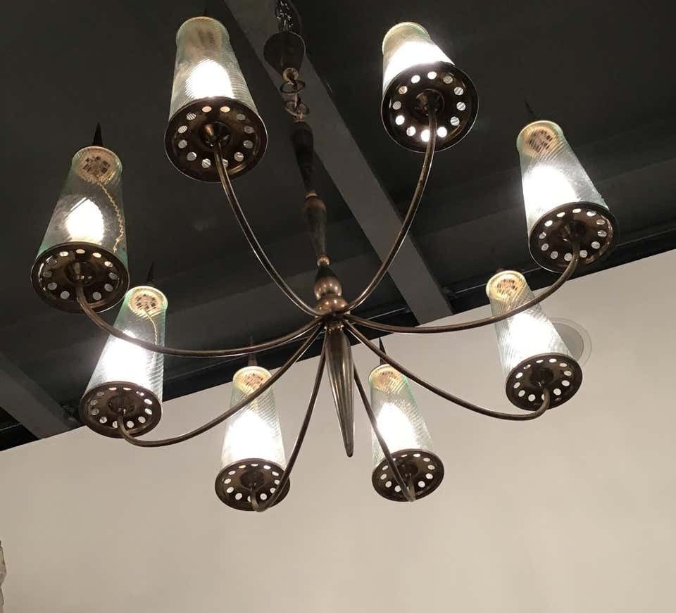 Couple Chandlers Brass Glass 8 Lights, Italy, Attributed To Stilnovo Circa 1948 photo vintage