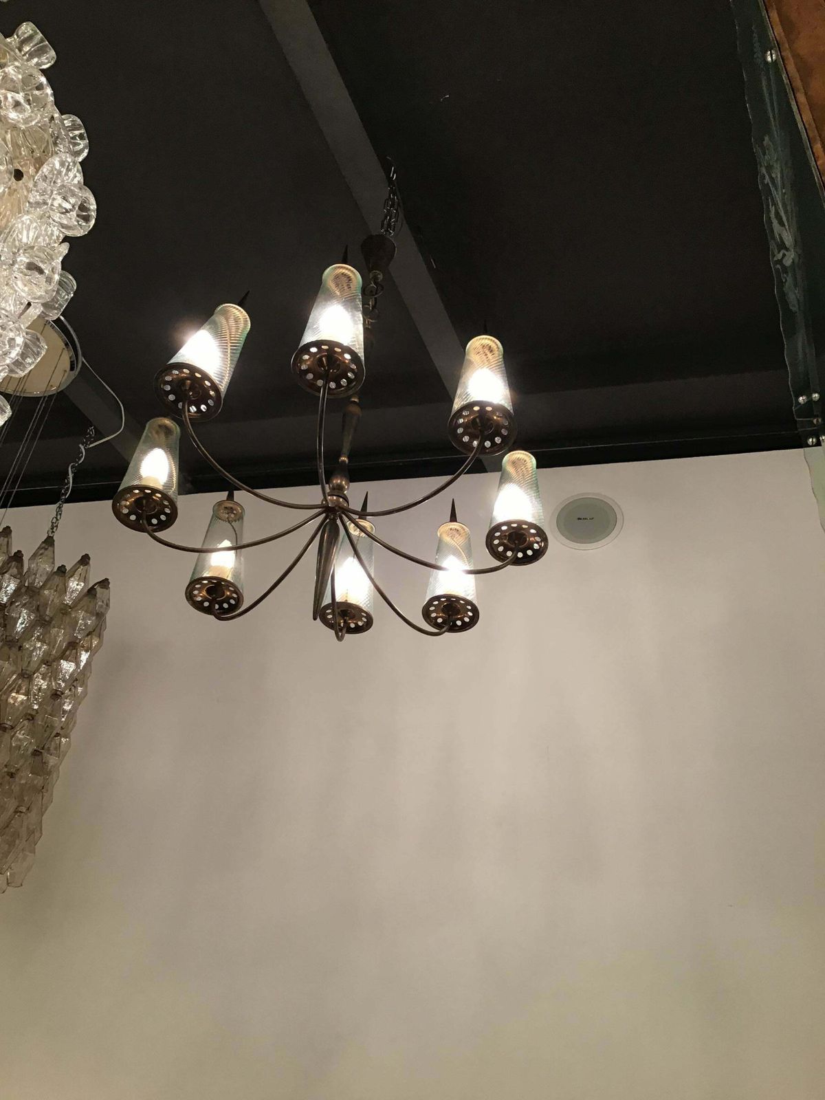 photo for sale Couple Chandlers Brass Glass 8 Lights, Italy, Attributed To Stilnovo Circa 1948
