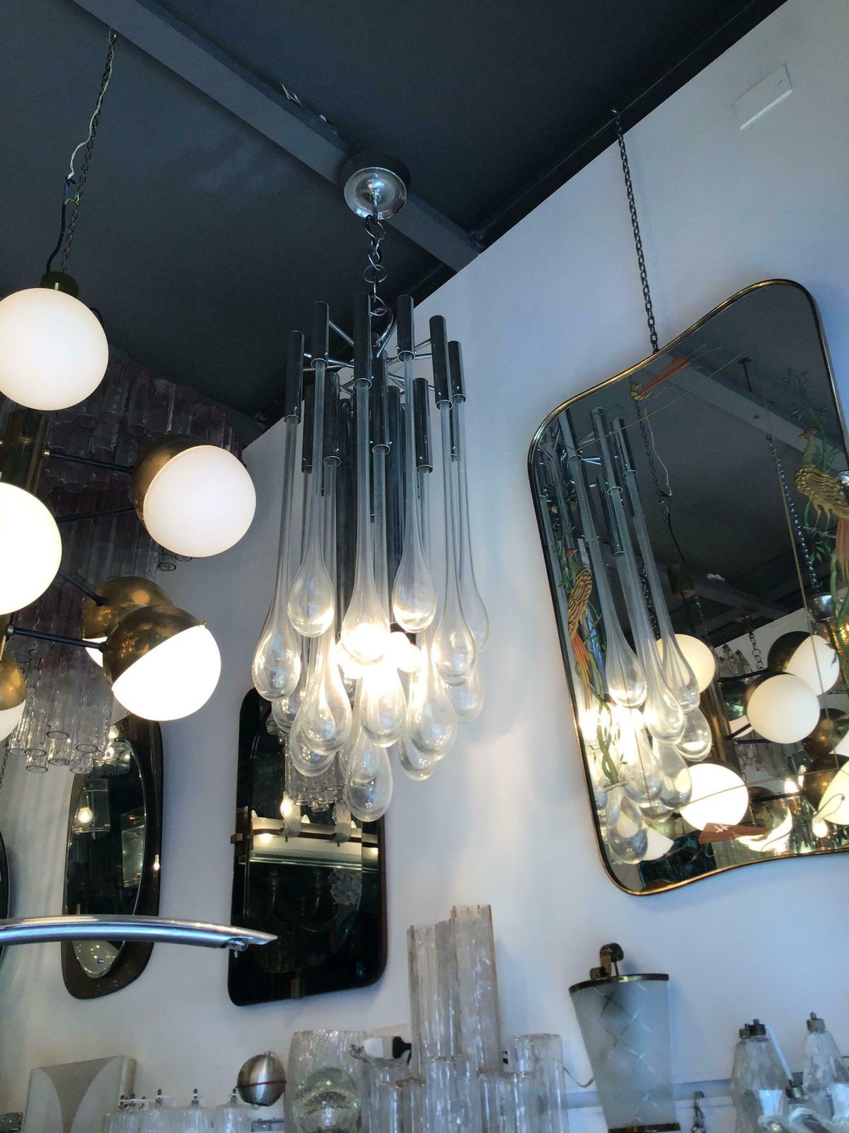 photo vintage Venini Chandelier Murano Glass Metal Chrome, 1960, Italy
