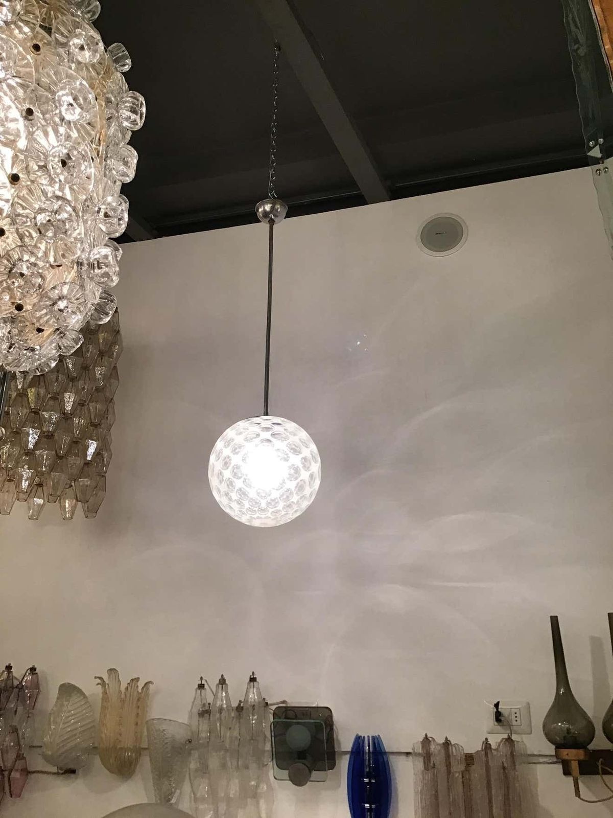 Seguso Chandelier 1960 Murano Glass Metal Crome Italia photo vintage