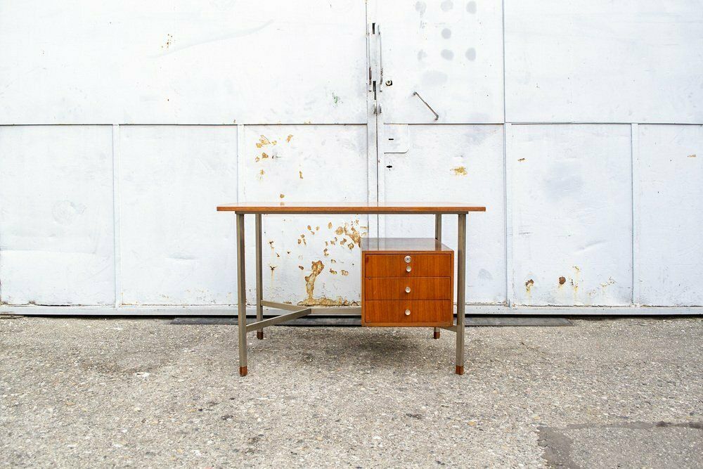 Desk In Nickel Plated Metal And Teak, Italy, 1960s