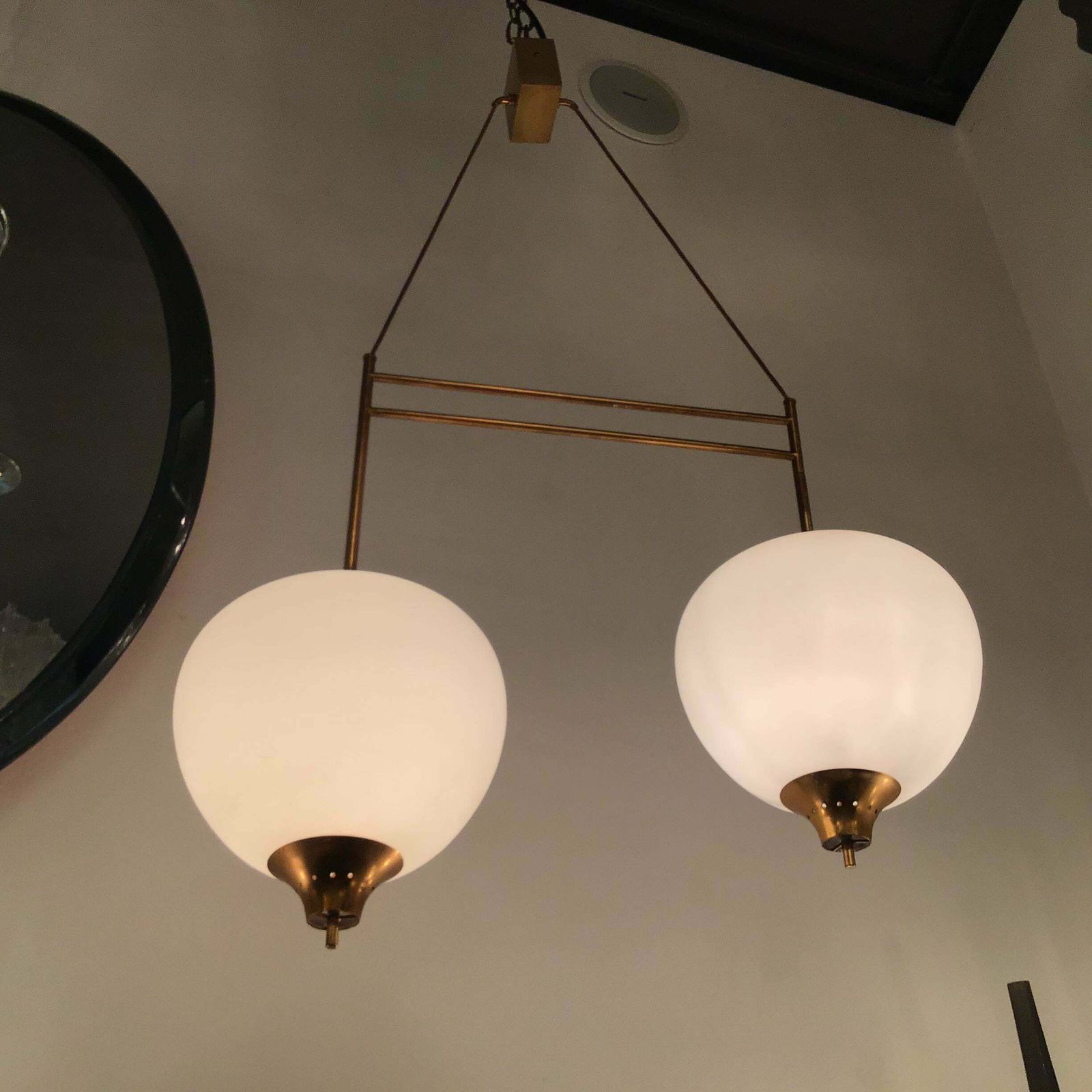 Stilnovo Chandelier Brass Opaline Glass 1950 Italy photo Lighting