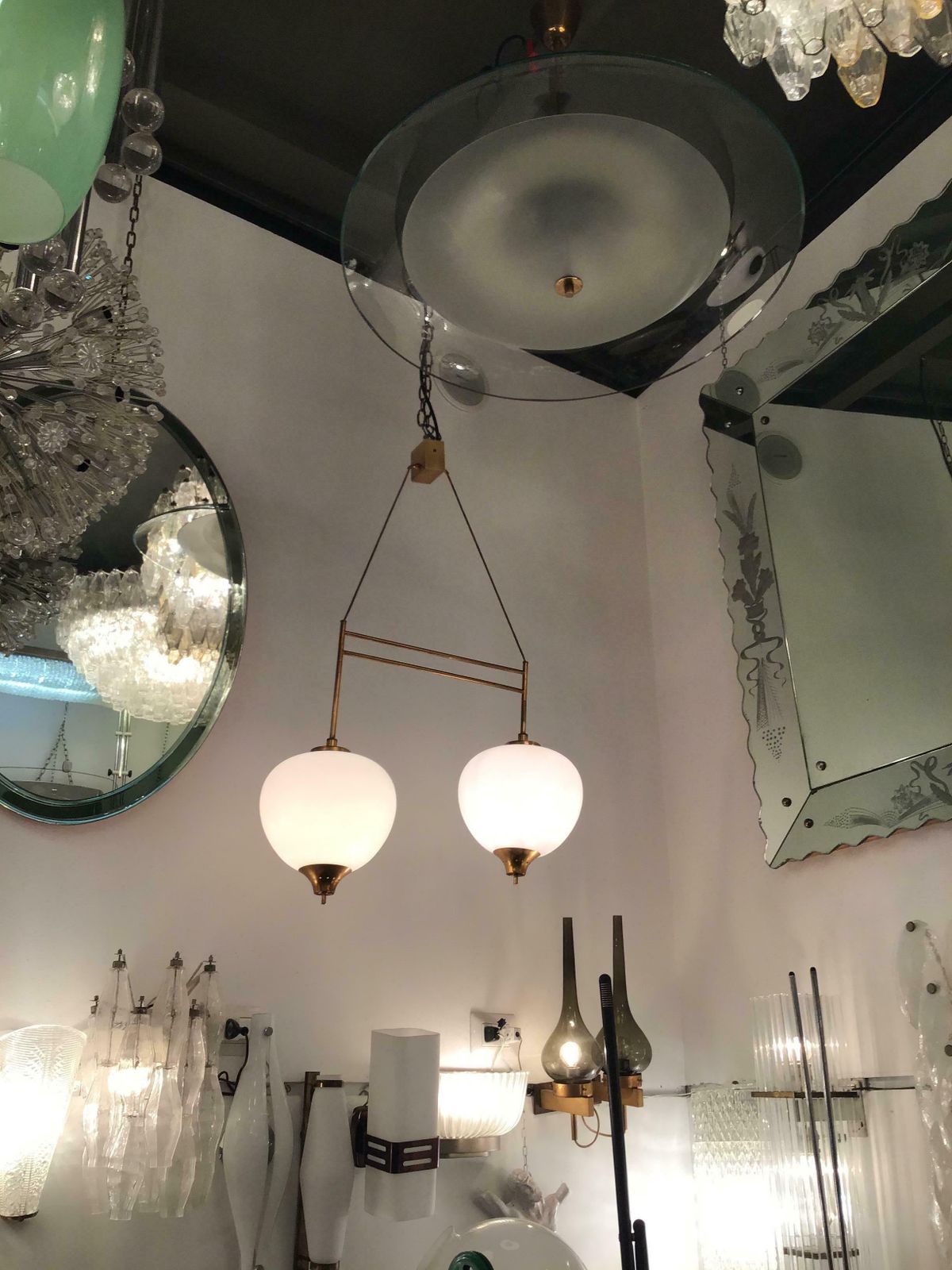 Lighting Stilnovo Chandelier Brass Opaline Glass 1950 Italy photo