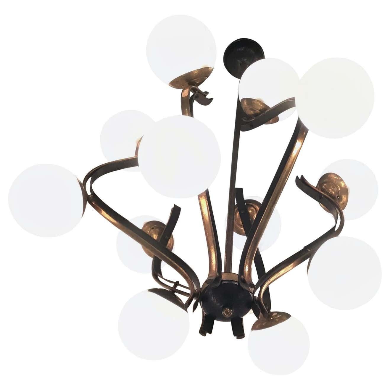 Chandelier 12 Lights Iron Brass Opalin Glass 1950, Attributed To Stilnovo C 1955