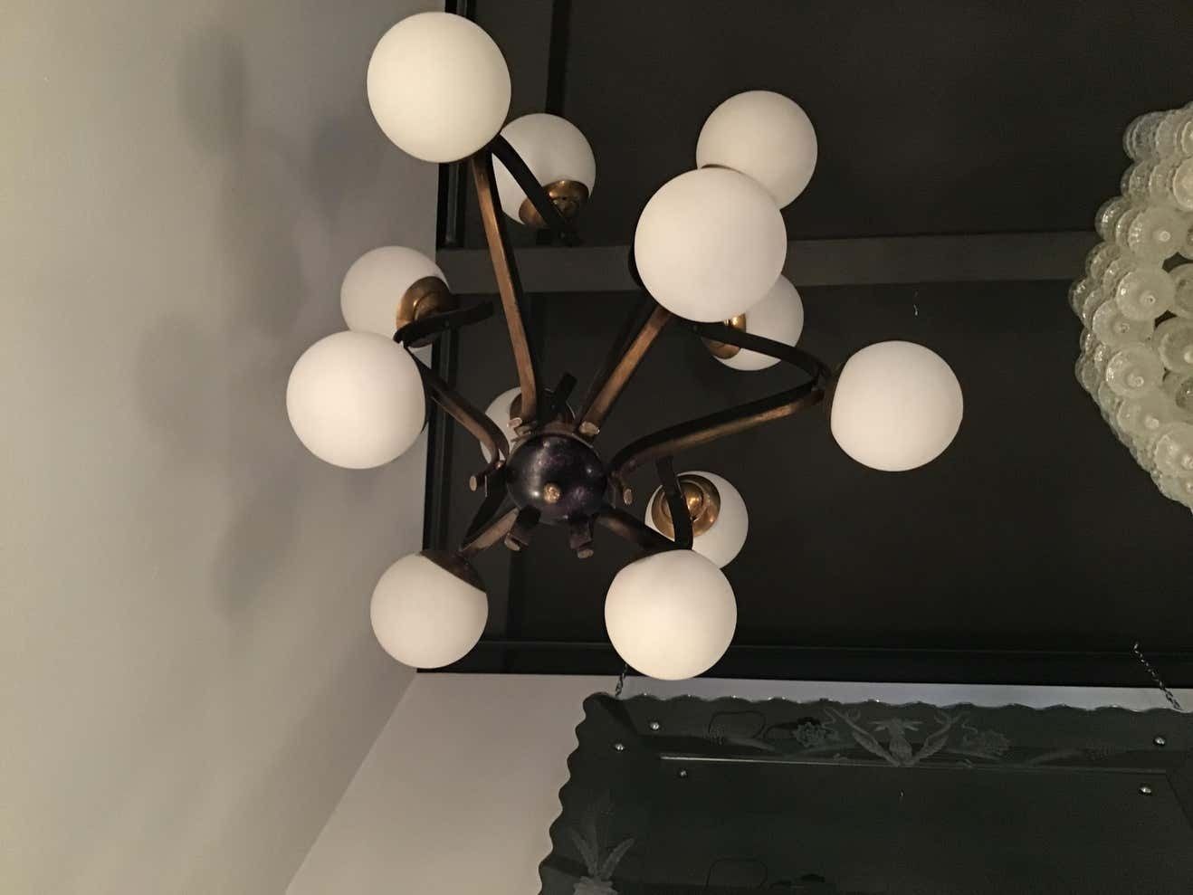 photo furniture Chandelier 12 Lights Iron Brass Opalin Glass 1950, Attributed To Stilnovo C 1955