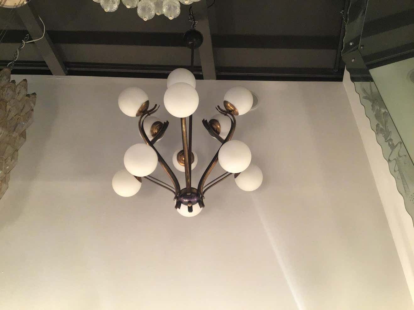 Lighting Chandelier 12 Lights Iron Brass Opalin Glass 1950, Attributed To Stilnovo C 1955 photo