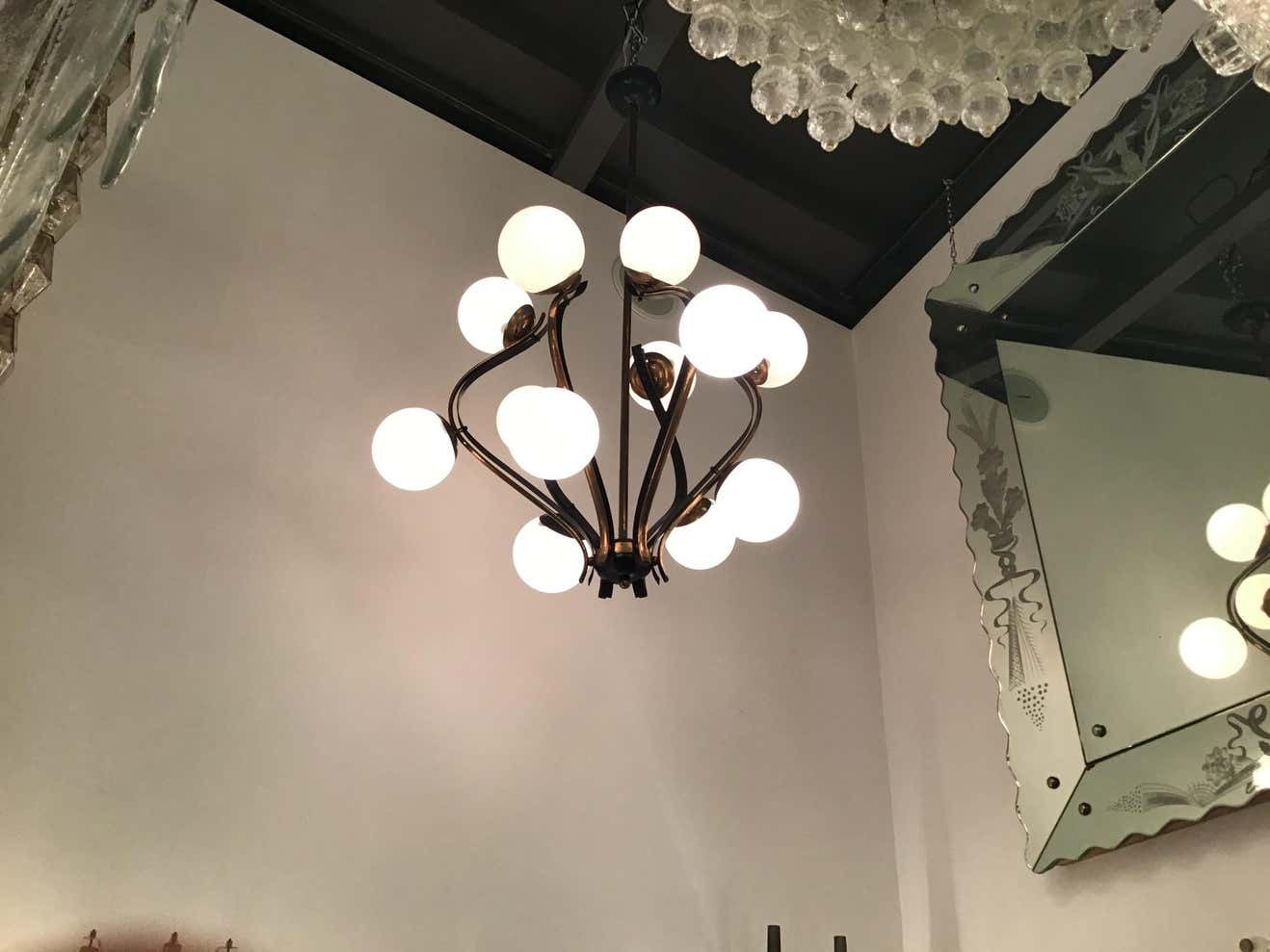 photo vinterior Chandelier 12 Lights Iron Brass Opalin Glass 1950, Attributed To Stilnovo C 1955