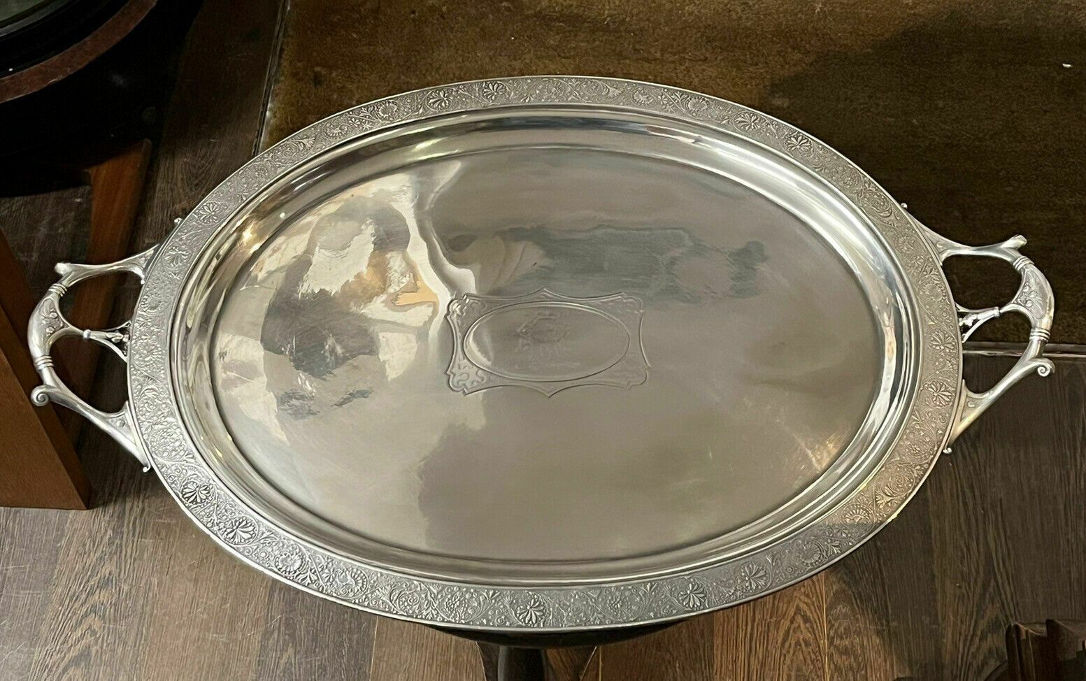 Huge English Art Noveau Butlers Silver Plate Tray With Fine Engraved Detail