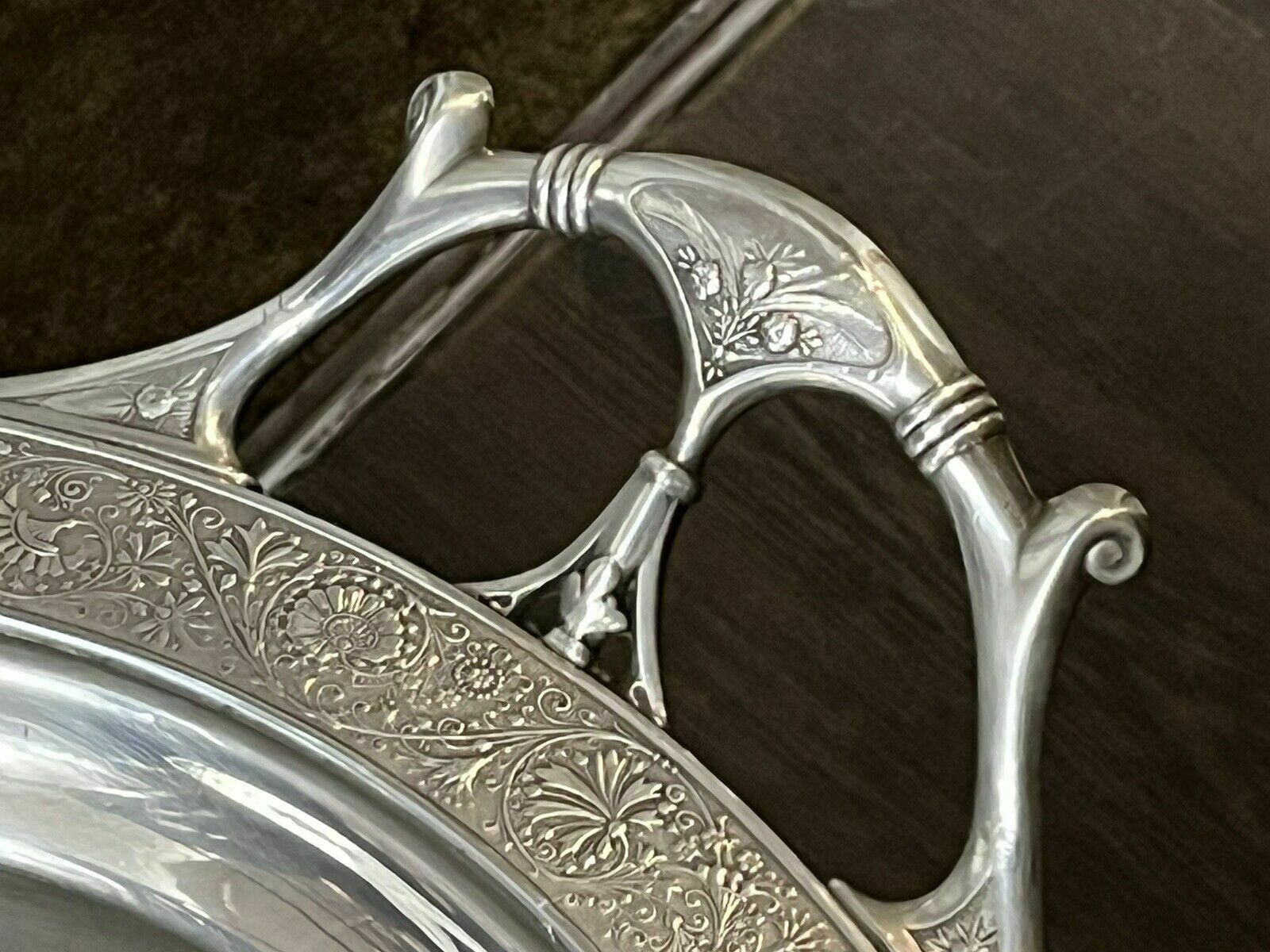 Huge English Art Noveau Butlers Silver Plate Tray With Fine Engraved Detail photo for sale