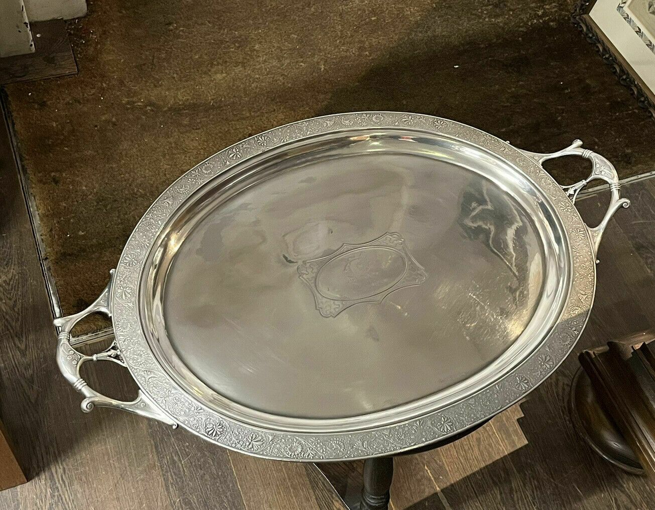 Huge English Art Noveau Butlers Silver Plate Tray With Fine Engraved Detail photo 175.0