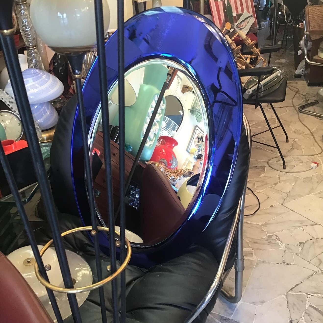 Cristal Arte Mirror Blu Mirrored Glass Metal Crome Wood, 1970, Italy photo for sale