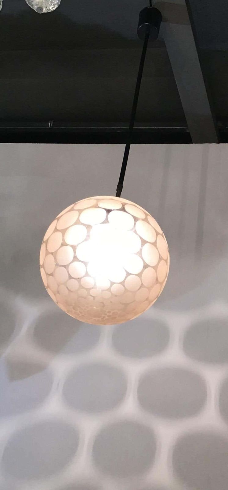 photo for sale Cristal Art Chandelier Pink Glass With Polka Dots Brass, 1950