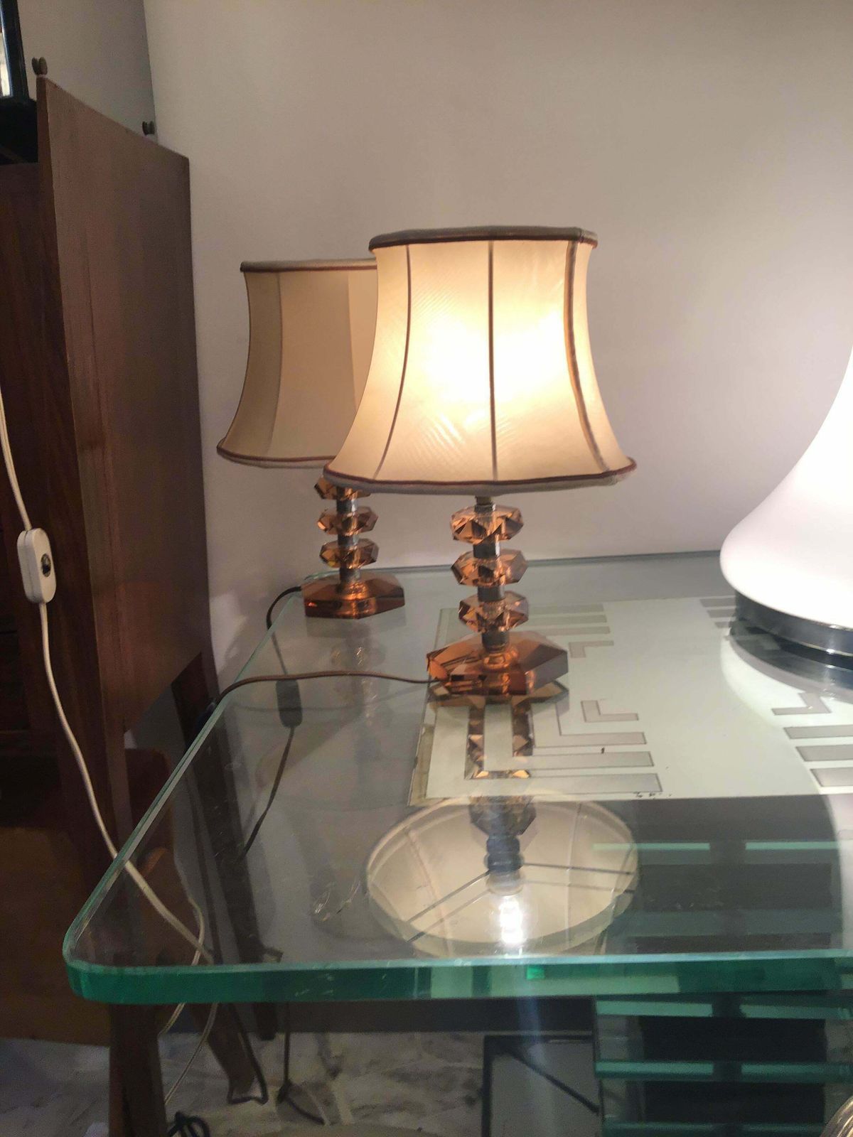 Cristal Arte Table Lamps Glass Metal Crome Fabric Lampshade, 1950, Italy photo Lighting
