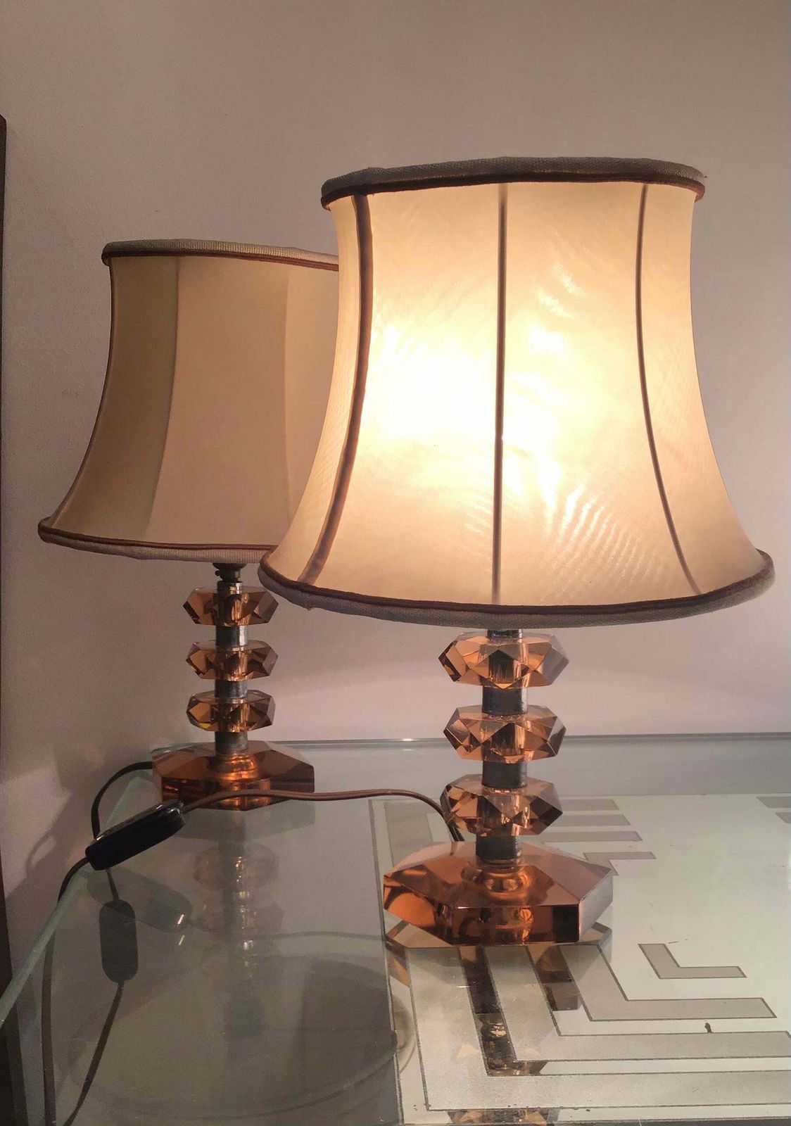 Cristal Arte Table Lamps Glass Metal Crome Fabric Lampshade, 1950, Italy photo buy