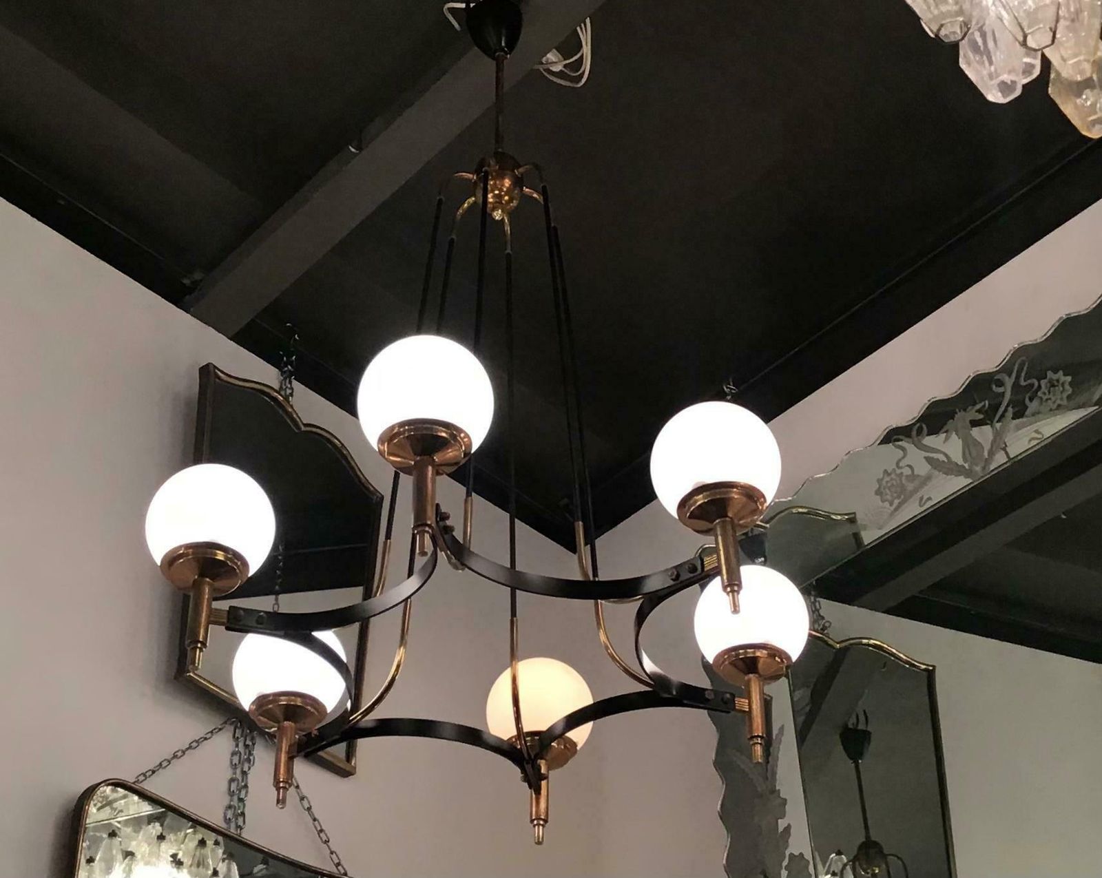 Stilnovo Chandelier Brass Opaline Glass Iron 1950 Italy photo for sale