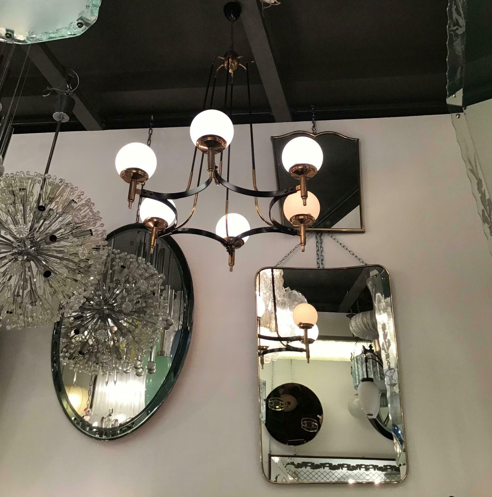 photo for sale Stilnovo Chandelier Brass Opaline Glass Iron 1950 Italy