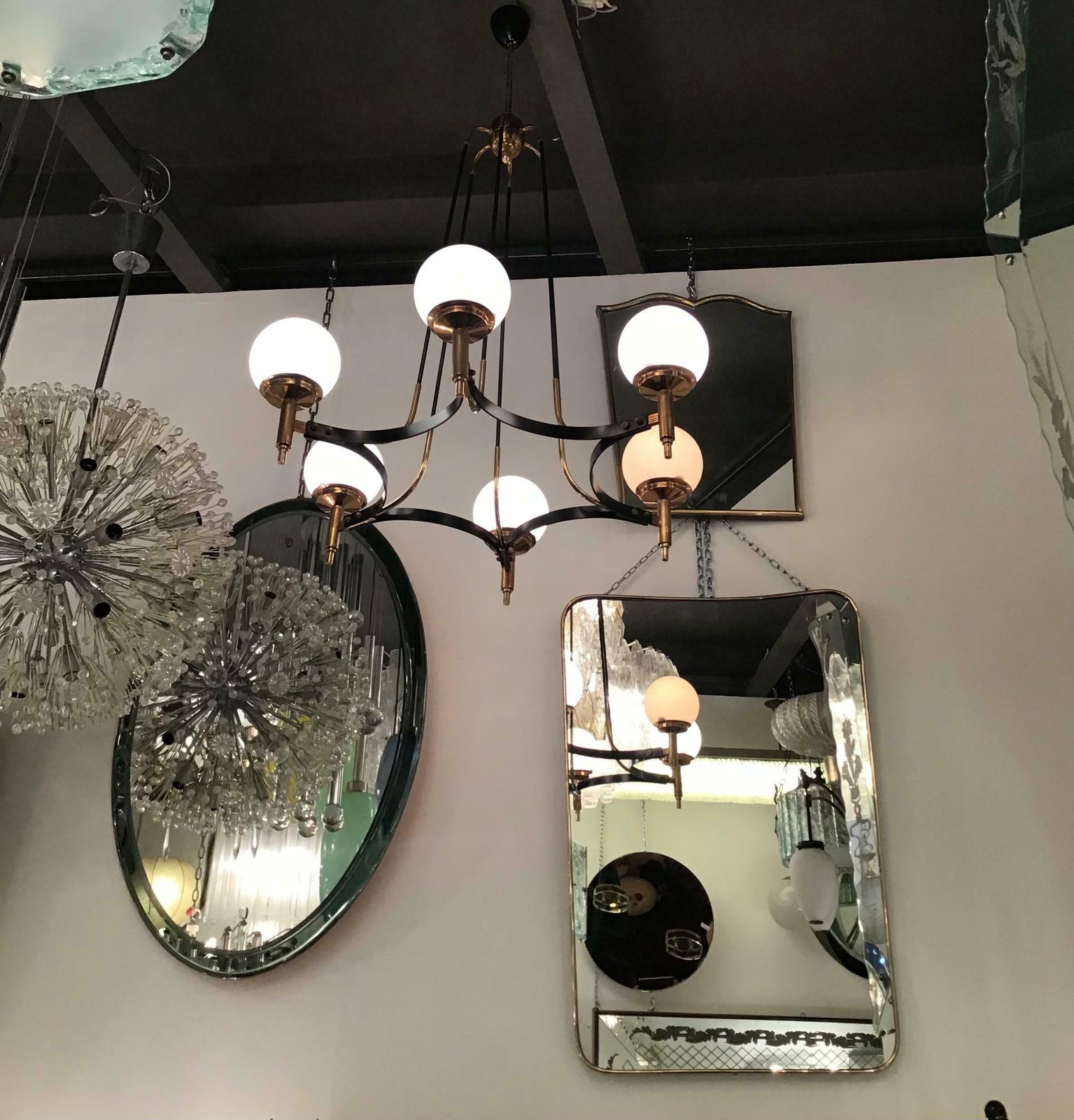 Lighting Stilnovo Chandelier Brass Opaline Glass Iron 1950 Italy photo
