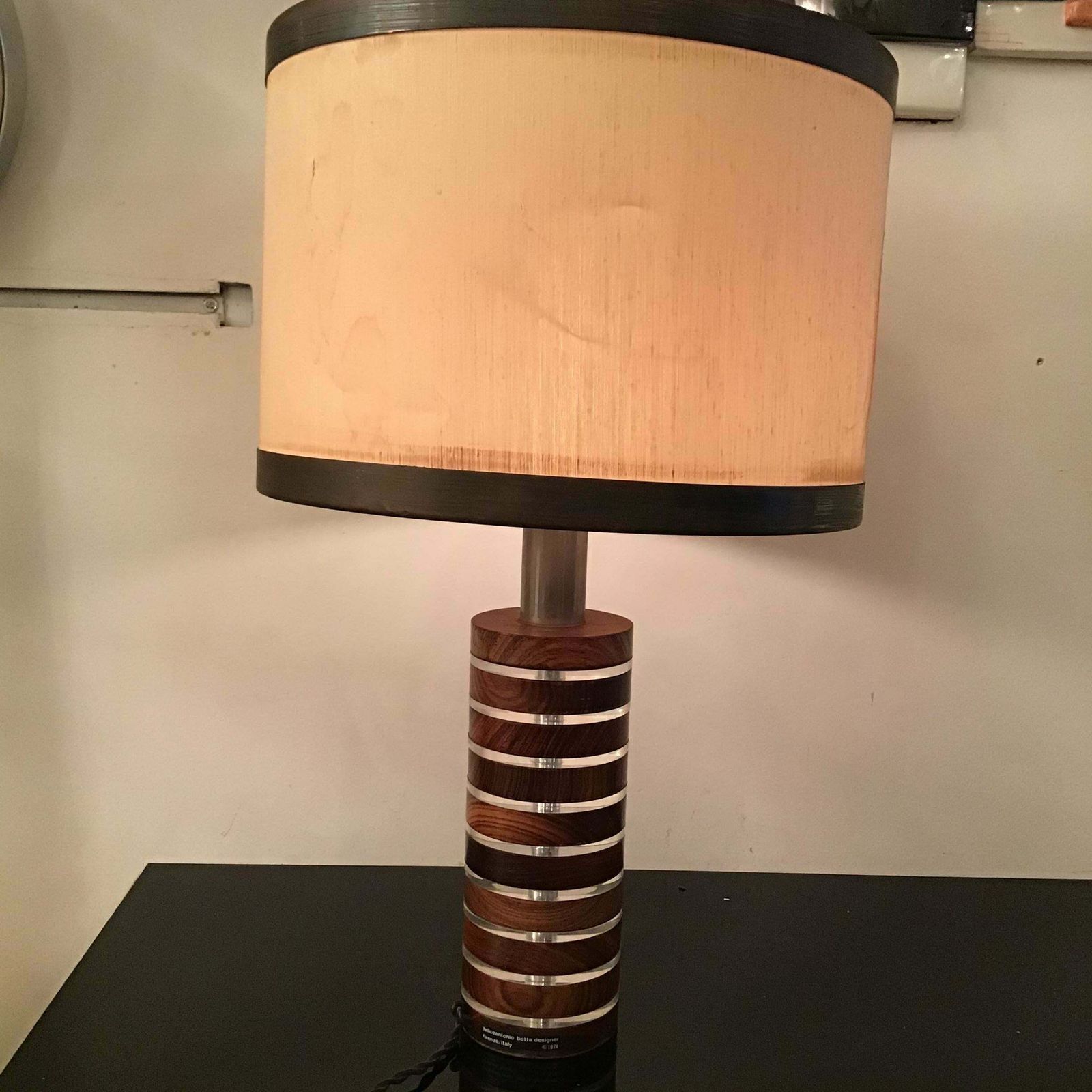 Felice Antonio Botta Table Lamp Brass Wood Plexiglass Fabric Brass Lampshade1974 photo vintage