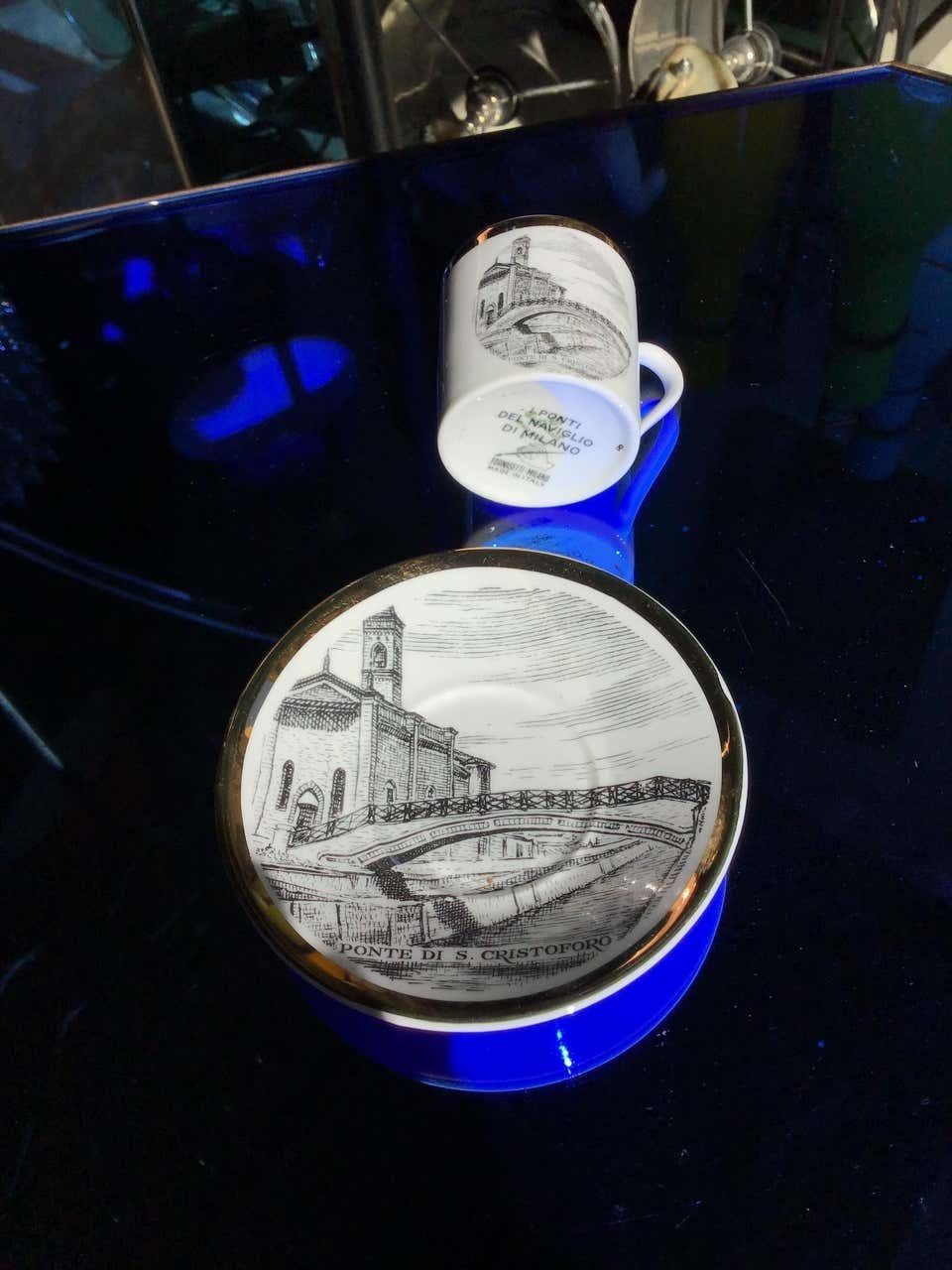 Fornasetti Coffee Cup Porcelain Gold “I Ponti Di Milano “Ponte San Cristoforo” photo for sale