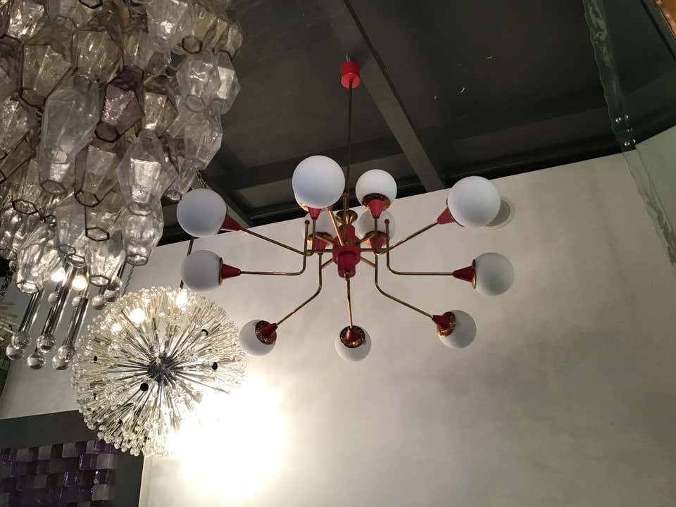 photo for sale Stilnovo Chandelier 12 Light Brass Metal Opaline Glass, 1950, Italy