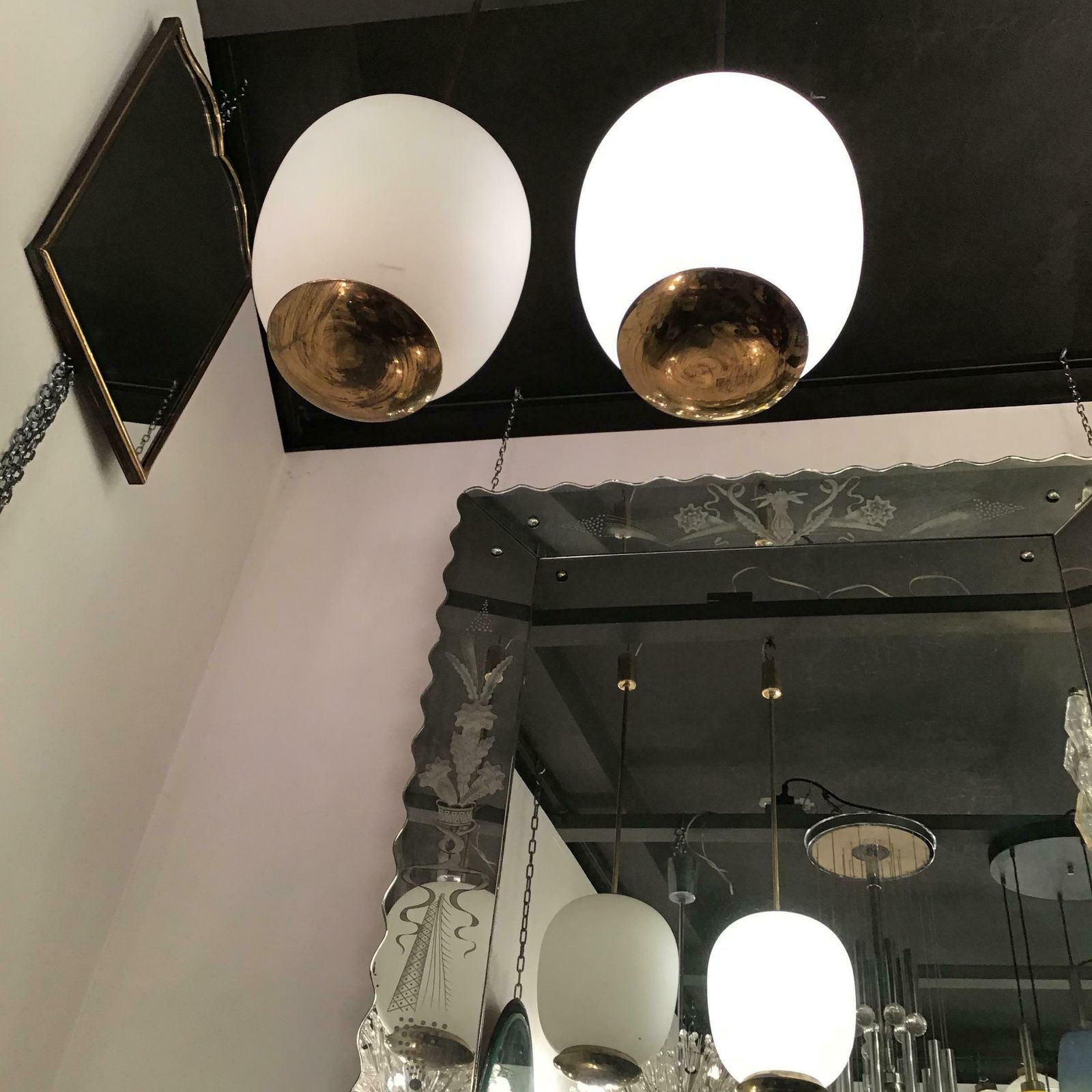Stilnovo Couple Chandeliers Brass Opaline Glass 1950 Italy photo buy