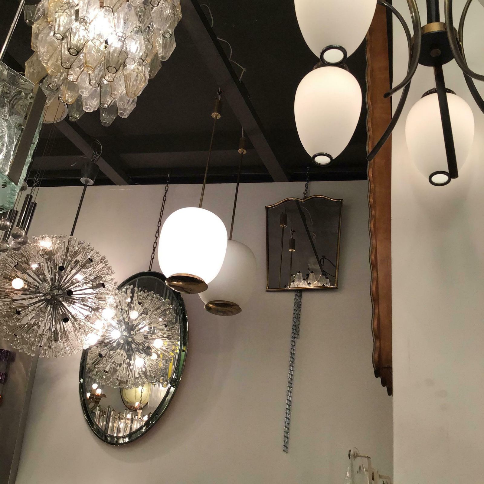 Lighting Stilnovo Couple Chandeliers Brass Opaline Glass 1950 Italy photo