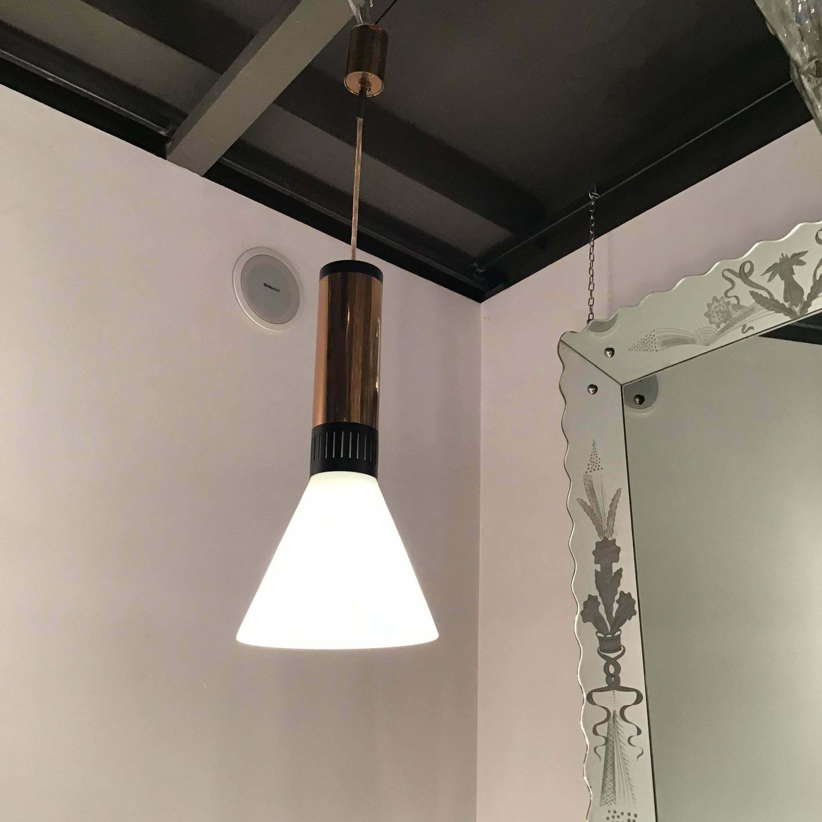 photo for sale Stilnovo Couple Chandeliers Brass Opaline Glass, 1950, Italy