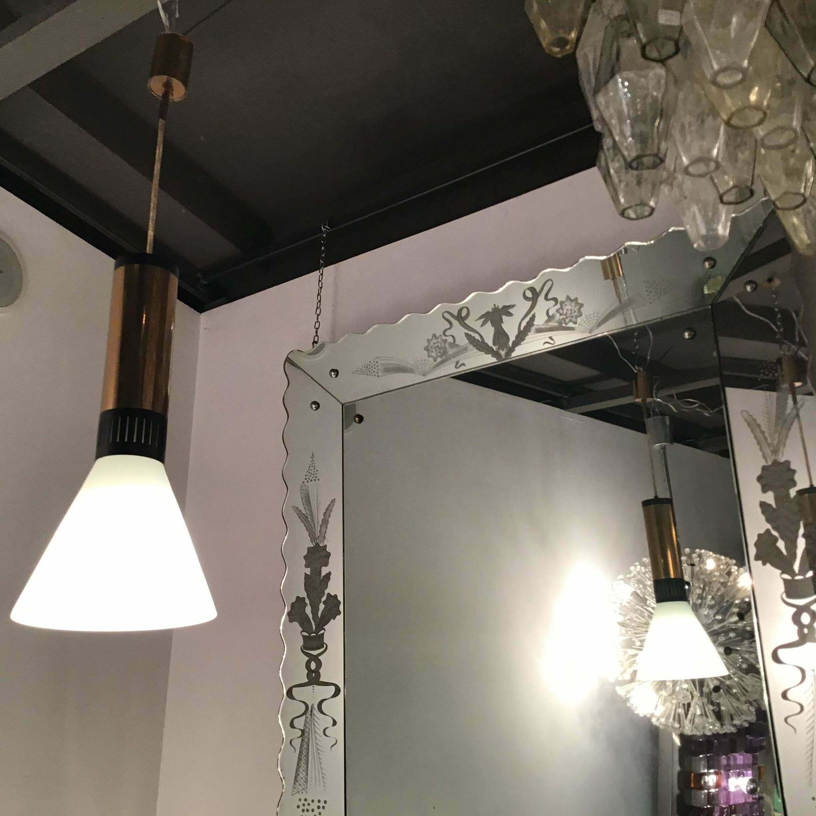 Lighting Stilnovo Couple Chandeliers Brass Opaline Glass, 1950, Italy photo