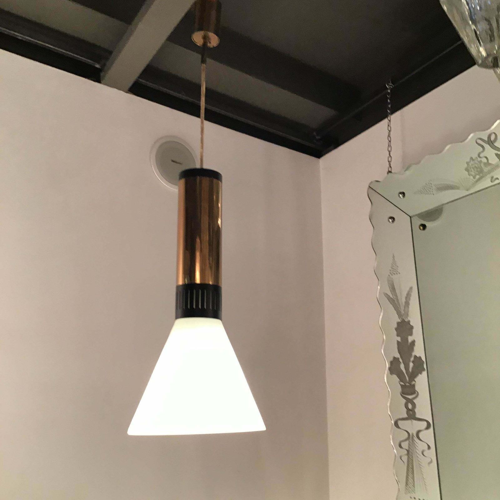 photo vinterior Stilnovo Couple Chandeliers Brass Opaline Glass, 1950, Italy