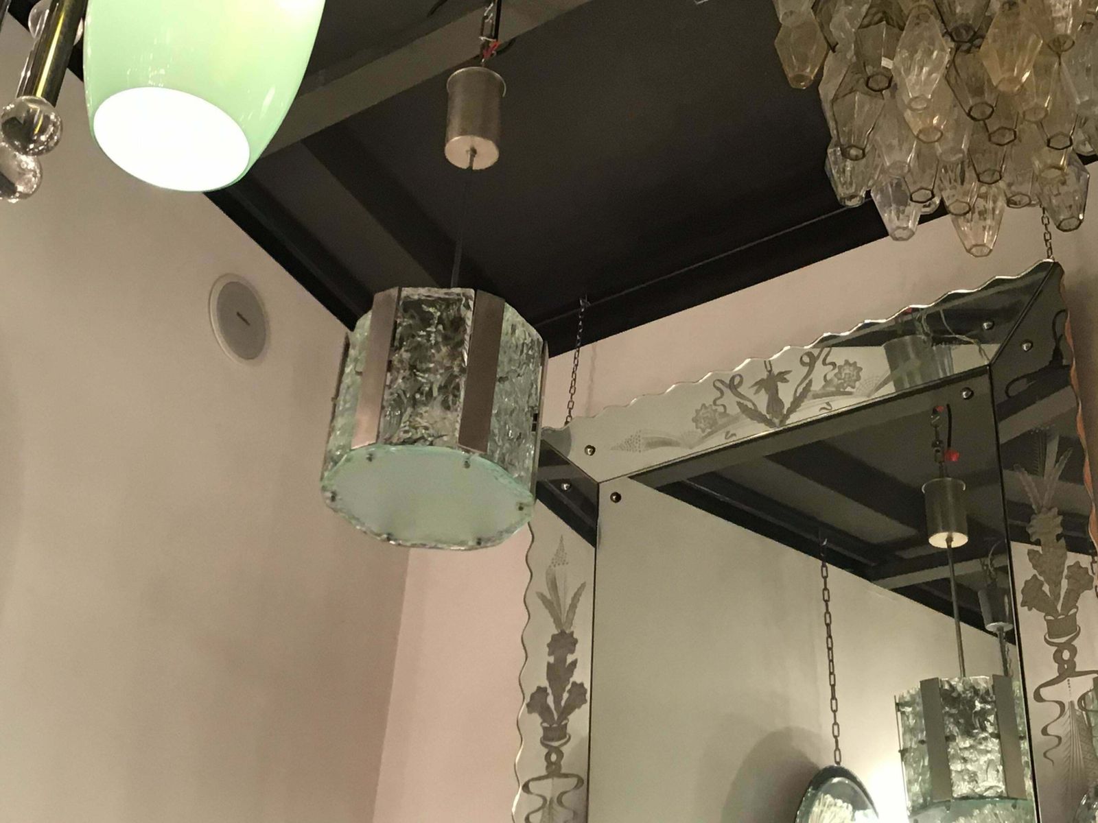 Max Ingrand Fontana Arte N 4 Chandeliers Metal Crome Glass 1950 Italy photo for sale